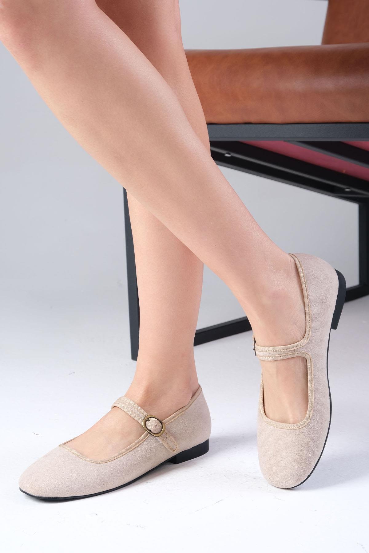 Mio Gusto Inna Bej Renk Bantlı Kadın Babet Ayakkabı Modelleri