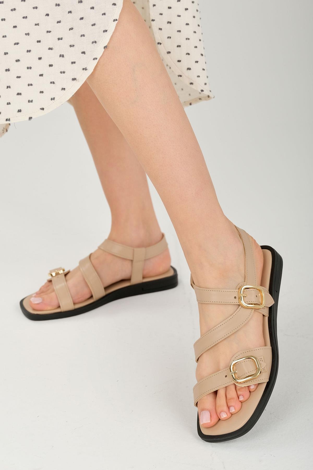 Mio Gusto Astrid Ten Rengi Çift Bantlı Topuklu Kadın Sandalet Modelleri