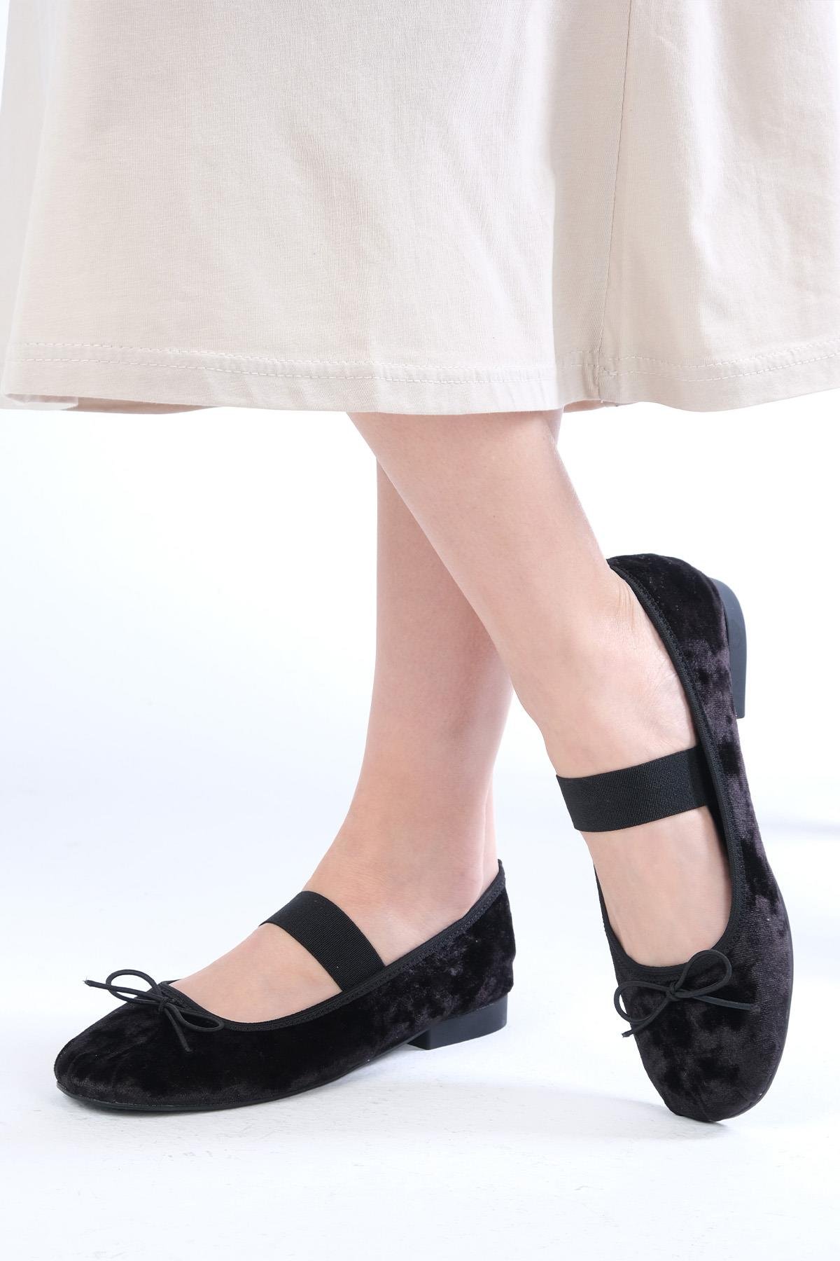 Mio Gusto Mio Gusto  Coleta Siyah Renk Bantlı Kadın Babet Ayakkabı Modelleri