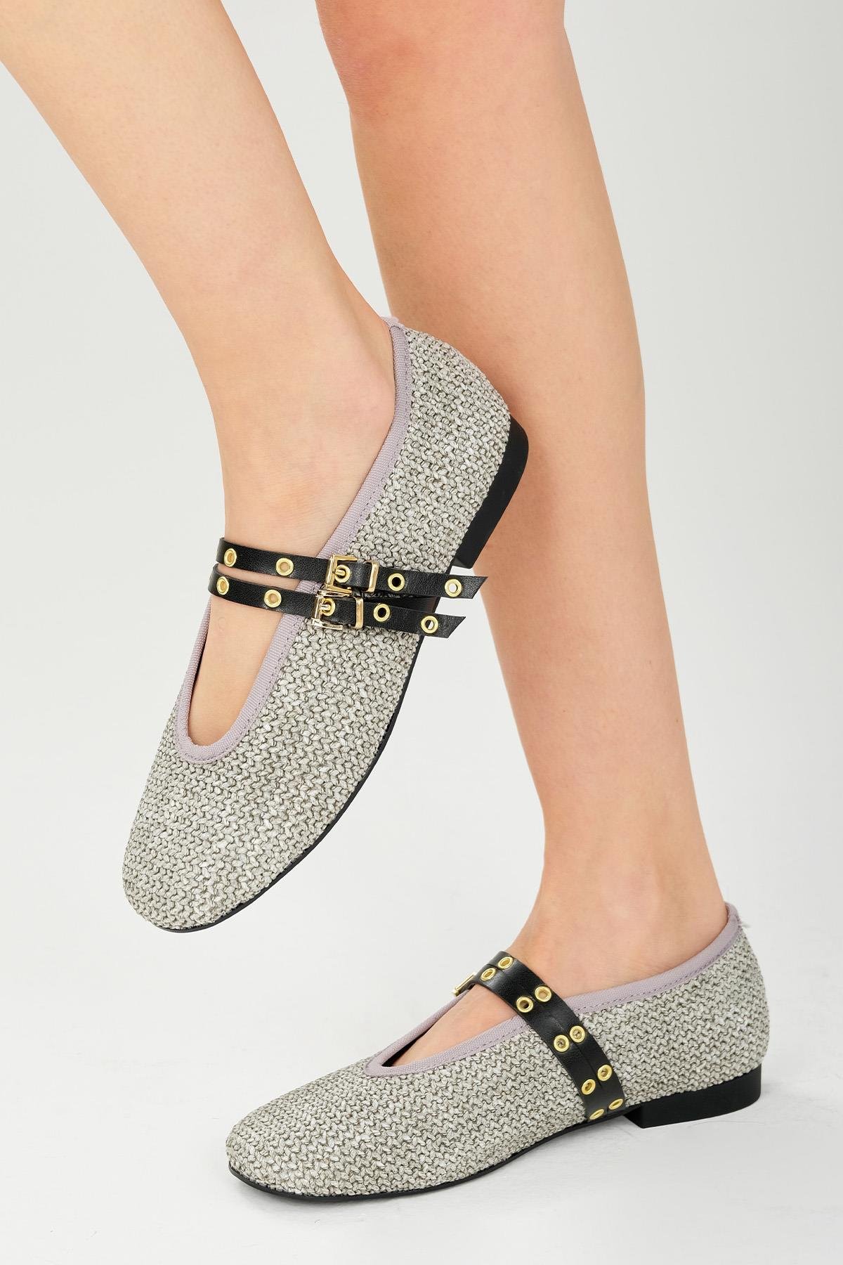 Mio Gusto Nolina Hasır Gri Renk Bantlı Babet  Ayakkabı Modelleri