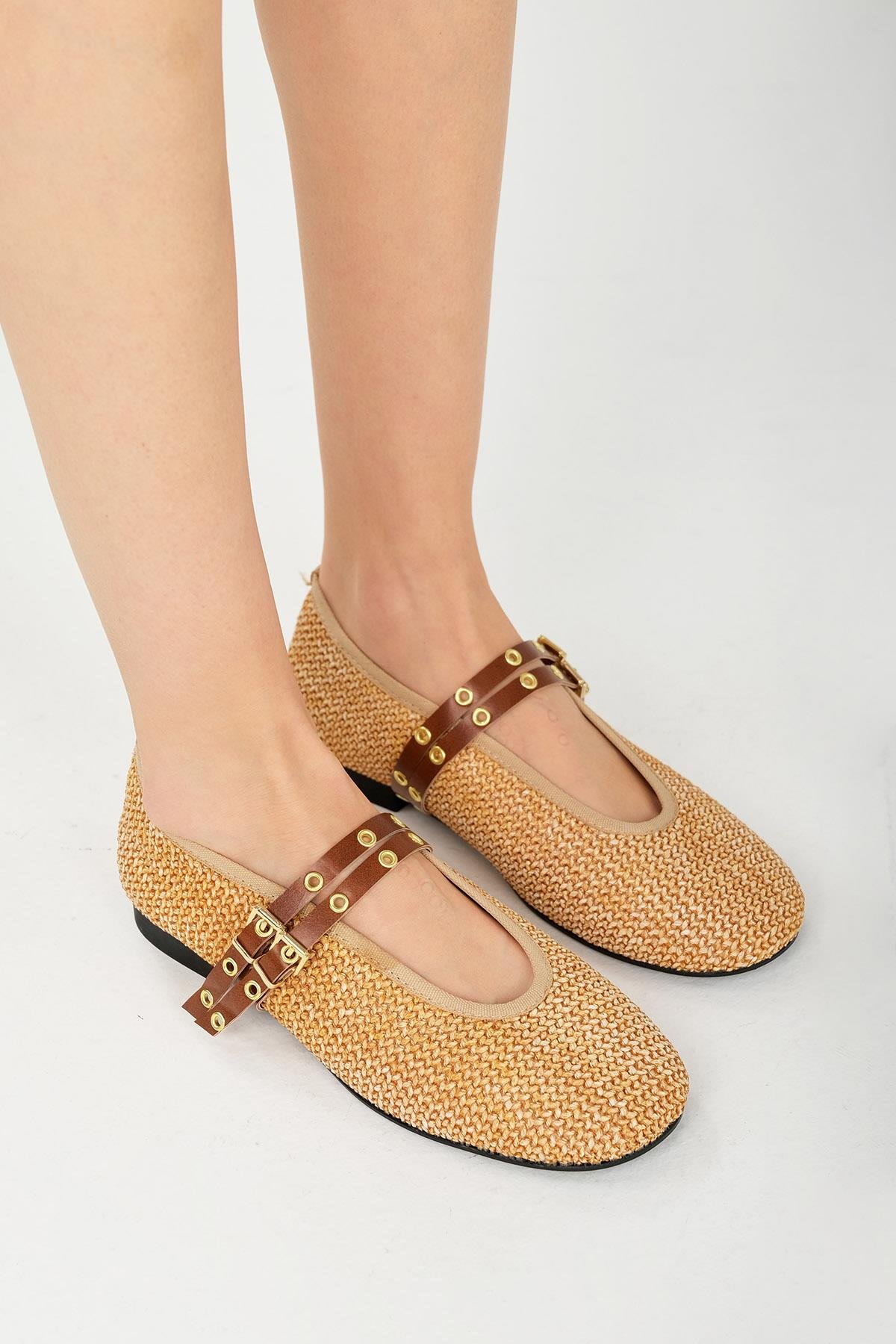 Mio Gusto Nolina Hasır Taba Renk Bantlı Babet  Ayakkabı Modelleri