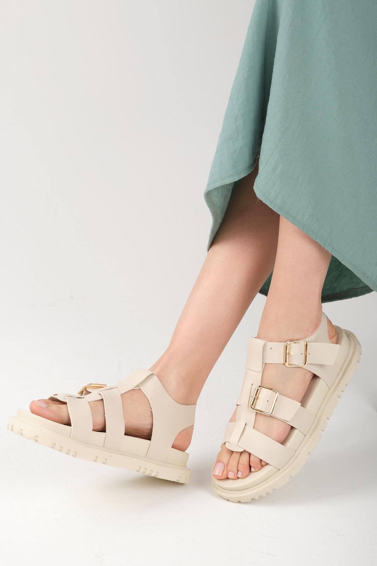 Mio Gusto Trude Bej Renk Tokalı Kadın Sandalet Modelleri