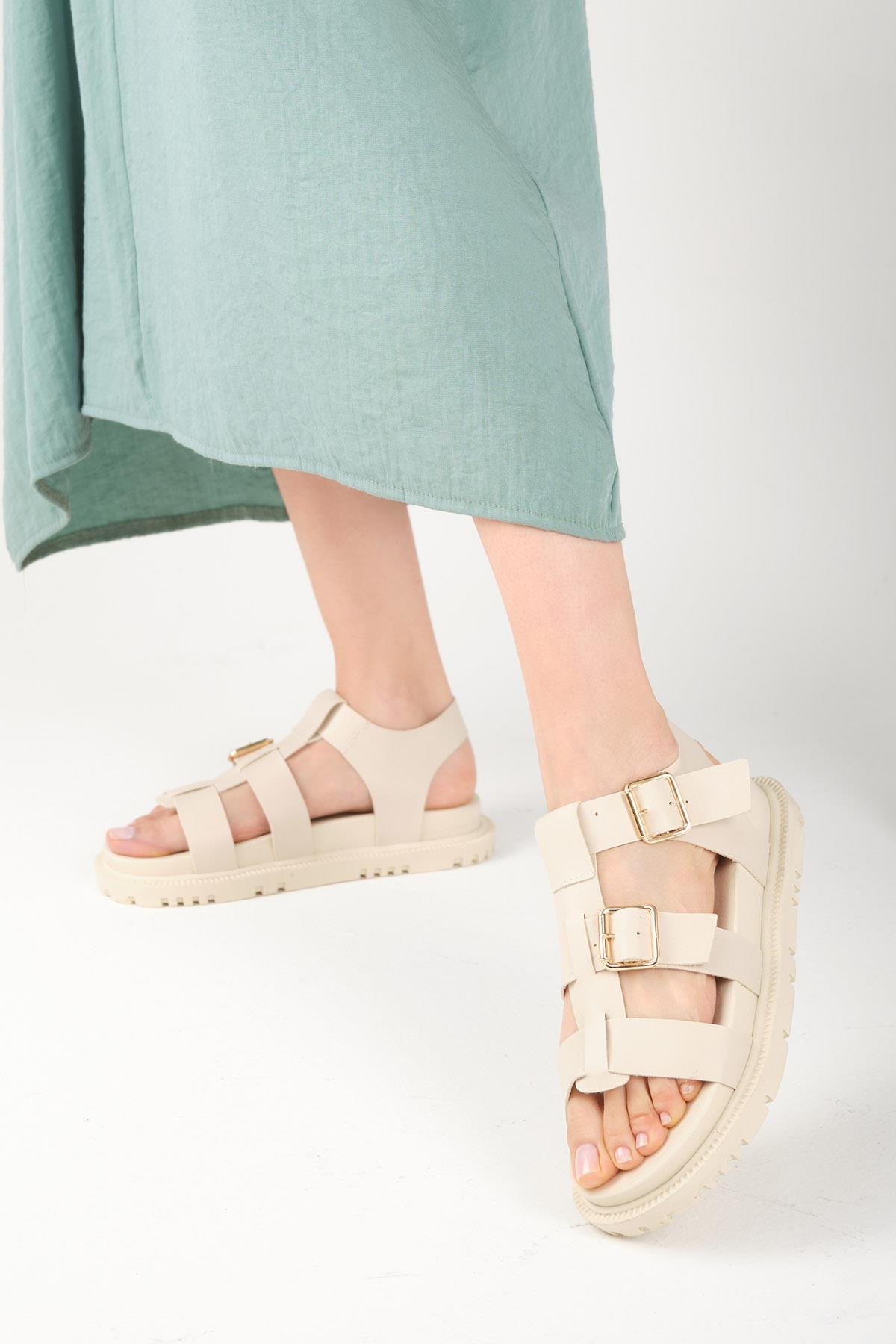 Mio Gusto Trude Bej Renk Tokalı Kadın Sandalet Modelleri