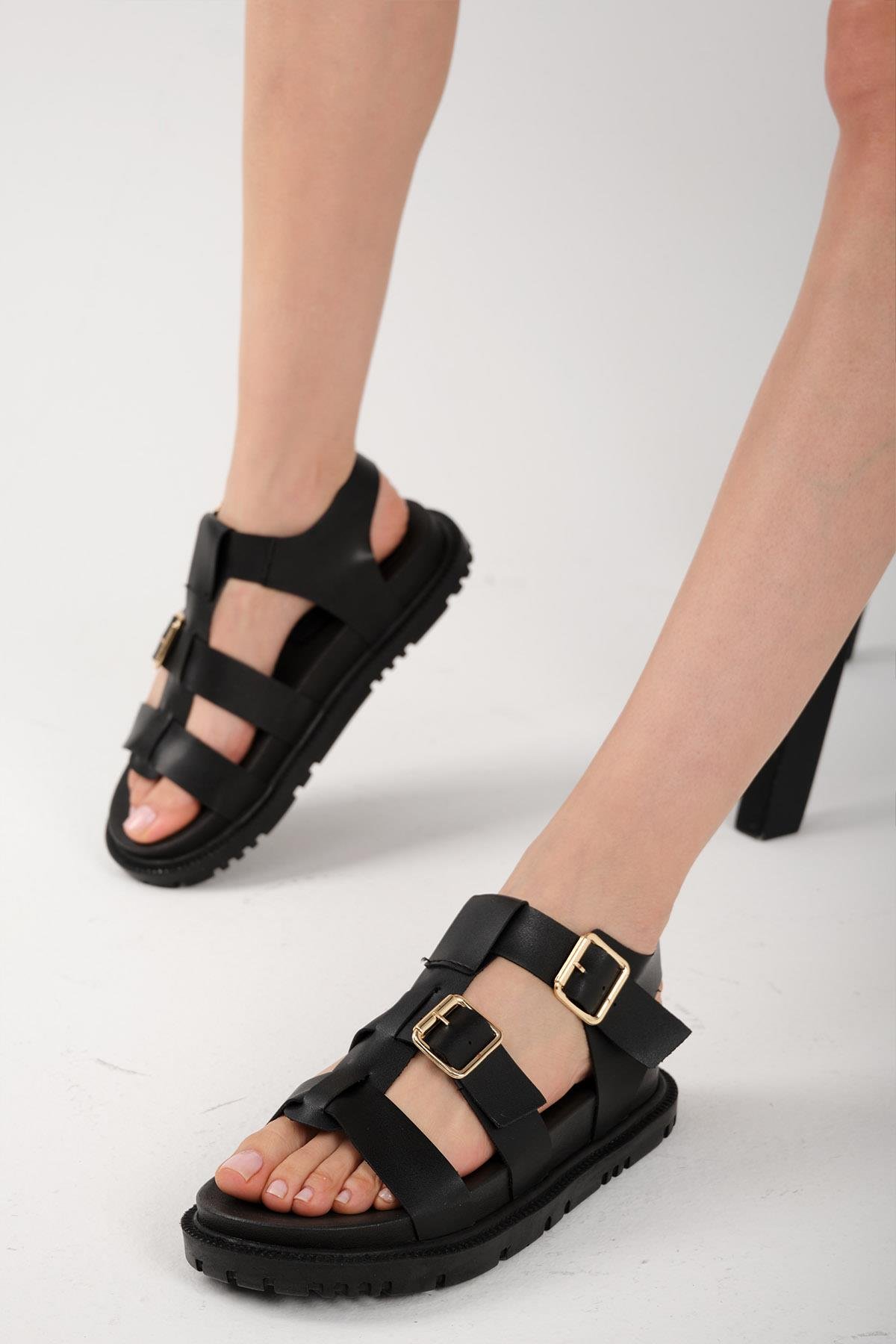 Mio Gusto Trude Siyah Renk Tokalı Kadın Sandalet Modelleri