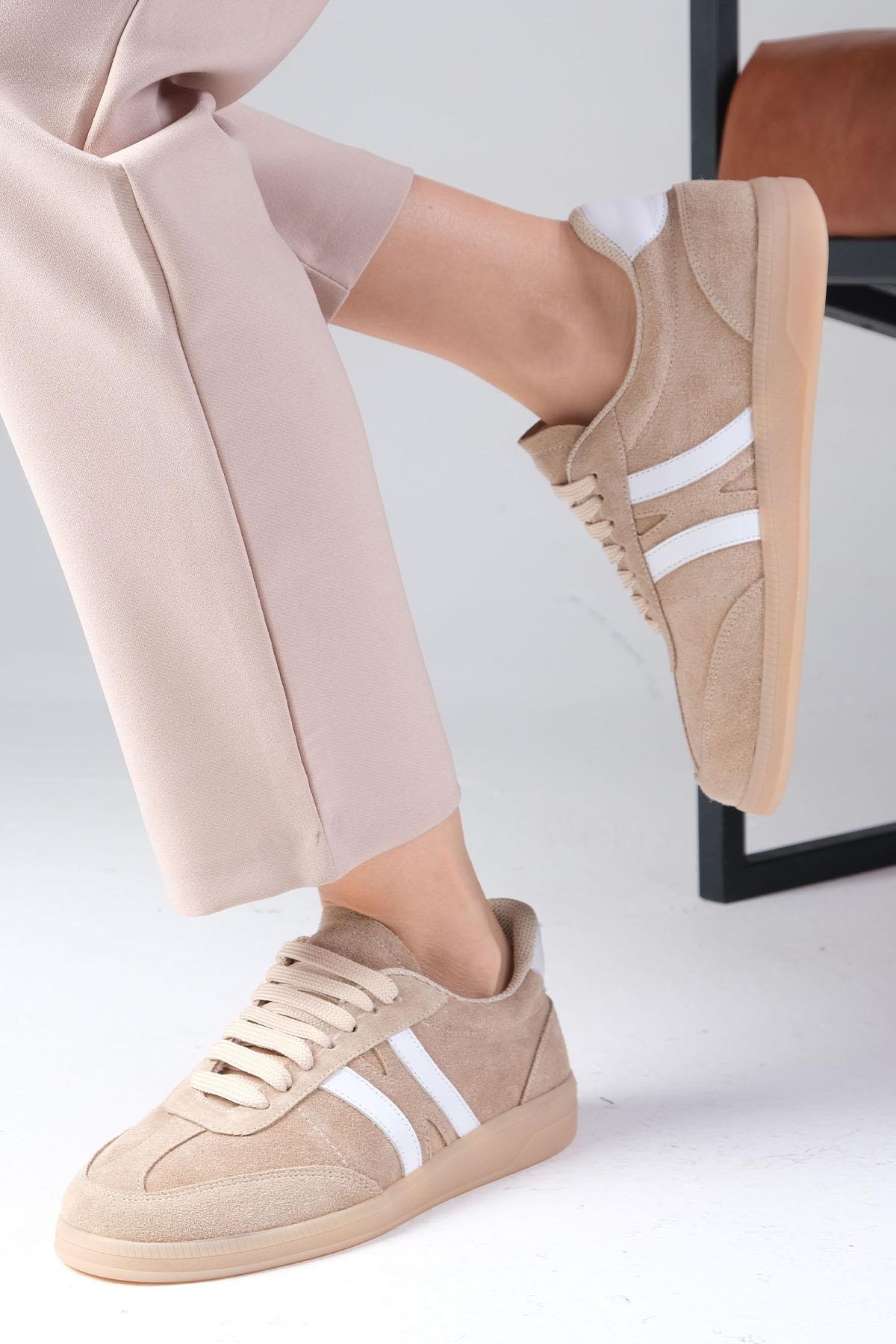 Mio Gusto Valda Hakiki Süet Bej Renk Spor Ayakkabı Modelleri