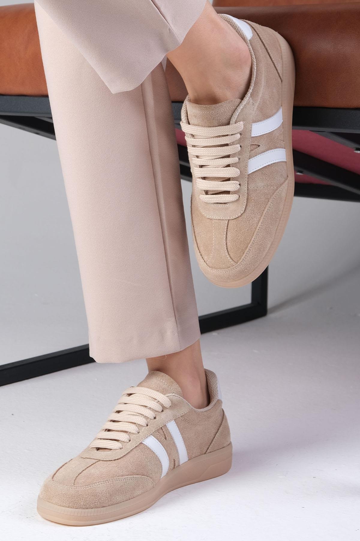 Mio Gusto Valda Hakiki Süet Bej Renk Spor Ayakkabı Modelleri