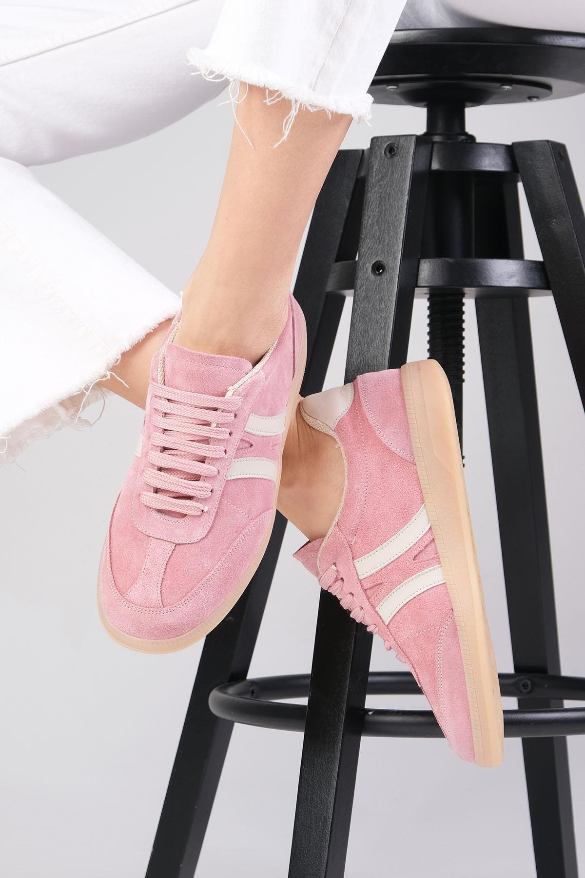 Mio Gusto Valda Hakiki Süet Pudra Renk Spor Ayakkabı Modelleri