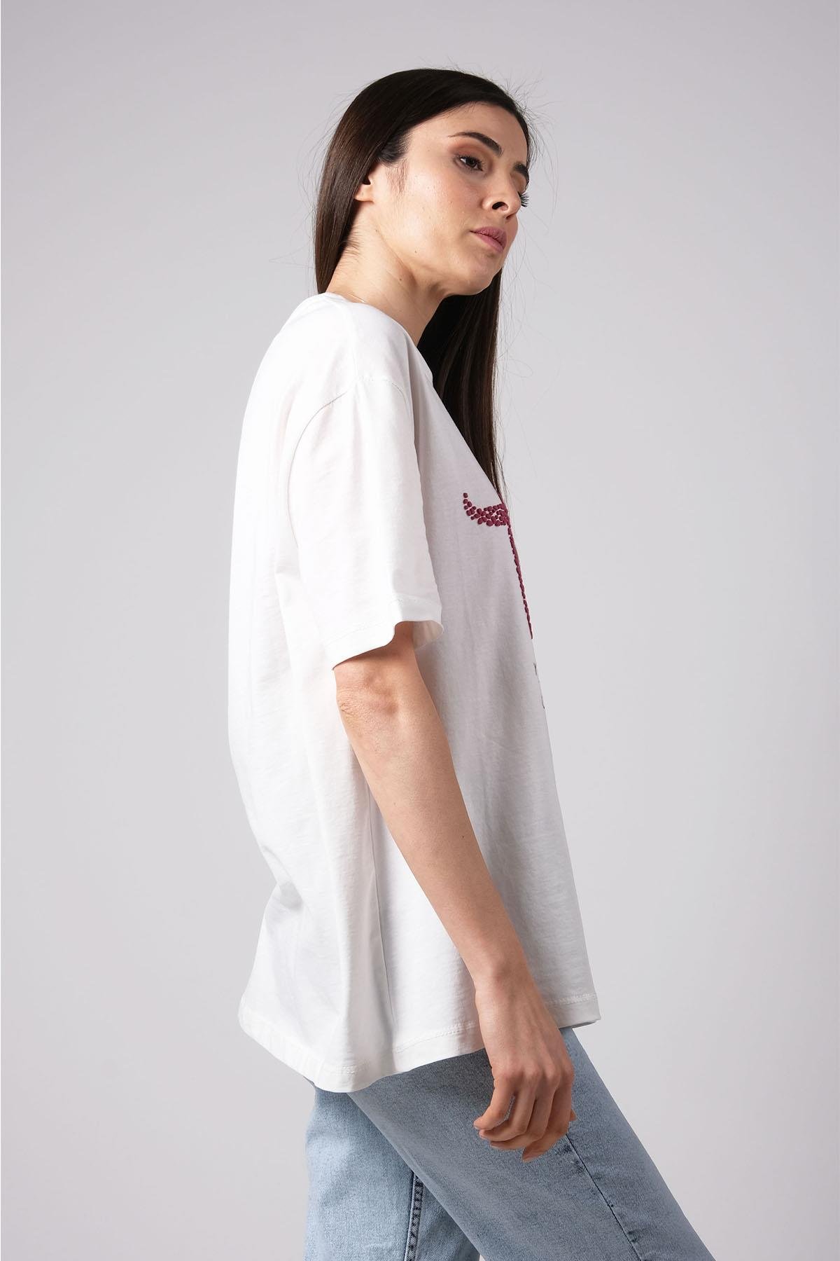 MIOROPA Ekru Renk Oversize Pembe Baskılı Tişört-Tişört -Mioropa-G0059BEK