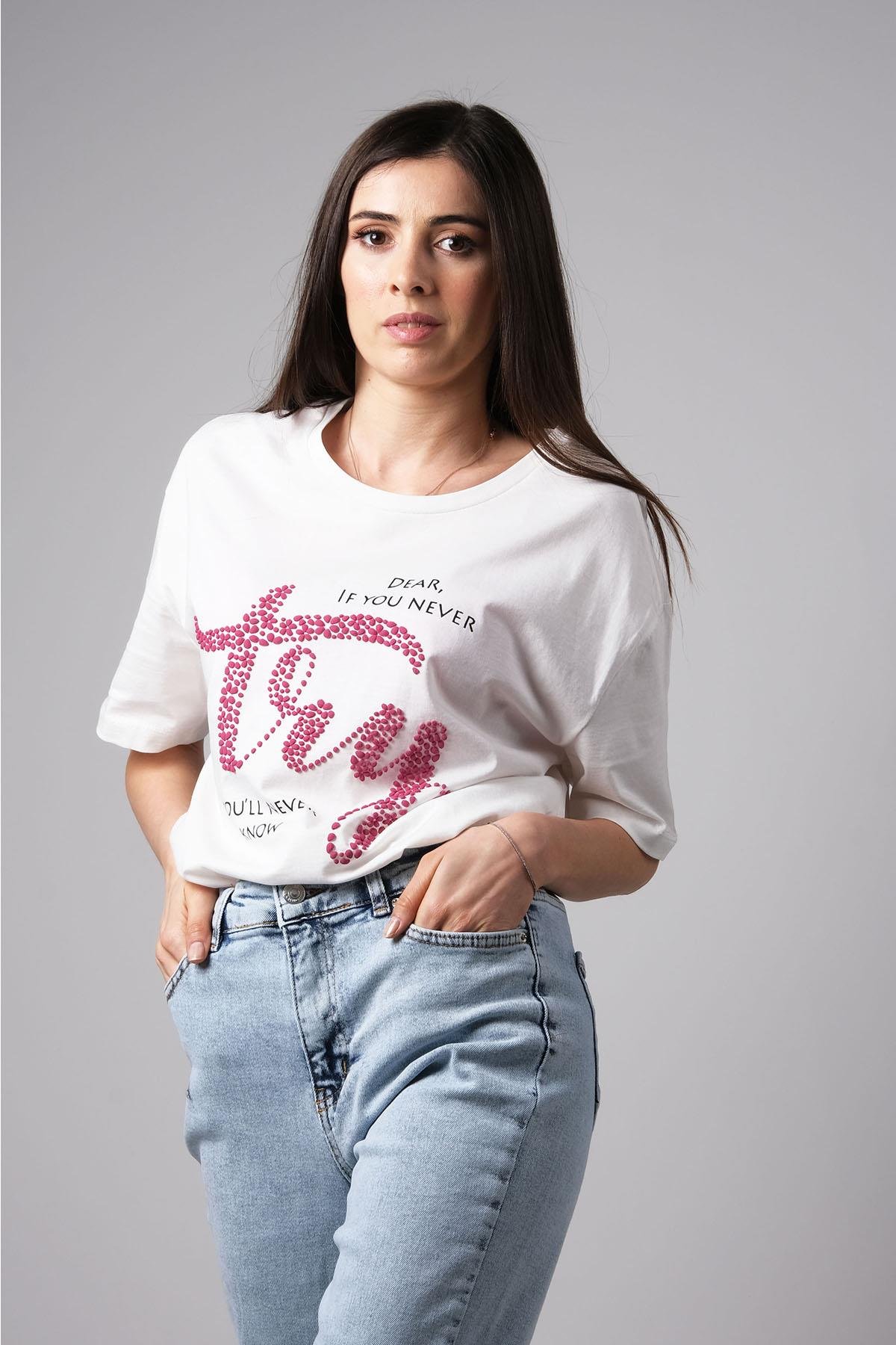 MIOROPA Ekru Renk Oversize Pembe Baskılı Tişört-Tişört -Mioropa-G0059BEK