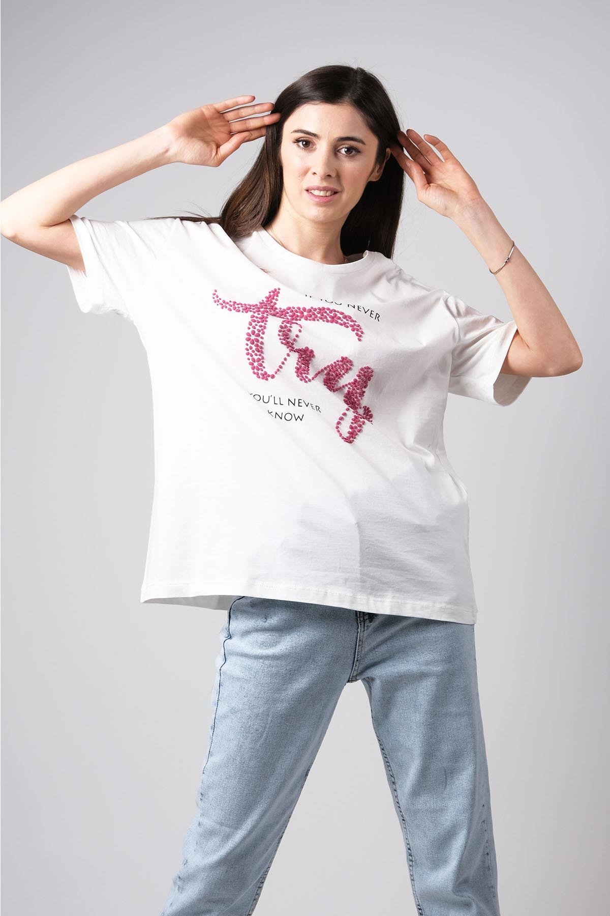 MIOROPA Ekru Renk Oversize Pembe Baskılı Tişört-Tişört -Mioropa-G0059BEK