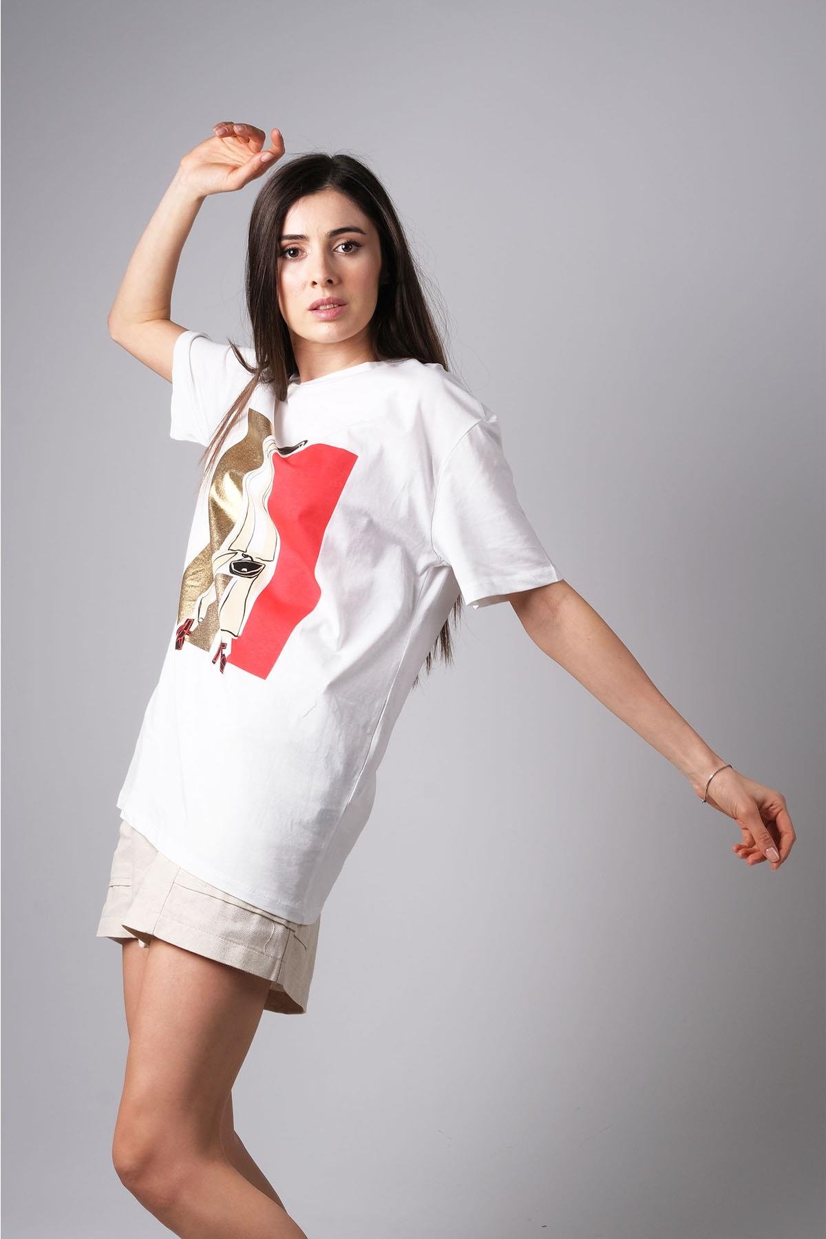 MIOROPA Ekru Renk Oversize Renkli Baskılı Tişört-Tişört -Mioropa-G0060BEK