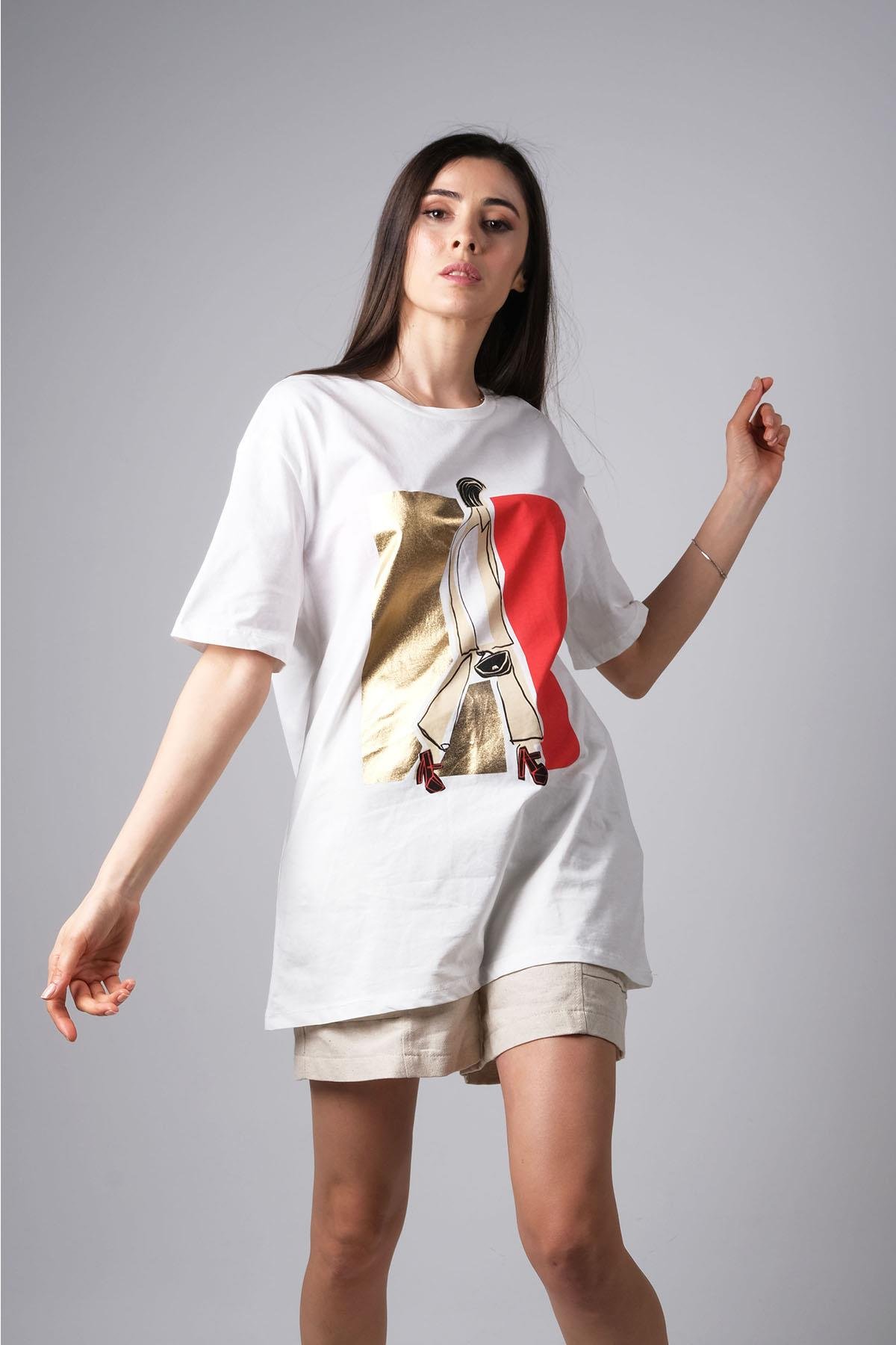 MIOROPA Ekru Renk Oversize Renkli Baskılı Tişört-Tişört -Mioropa-G0060BEK