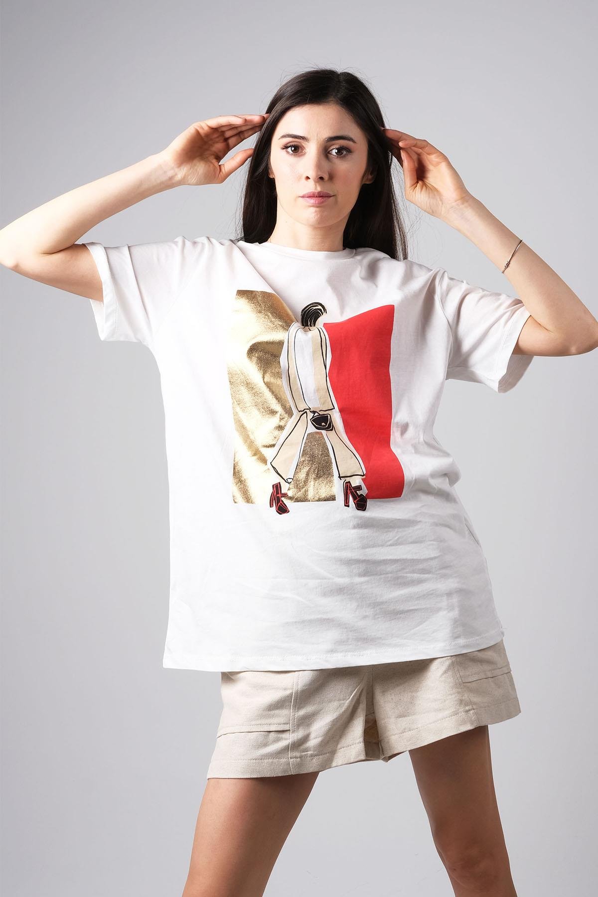 MIOROPA Ekru Renk Oversize Renkli Baskılı Tişört-Tişört -Mioropa-G0060BEK