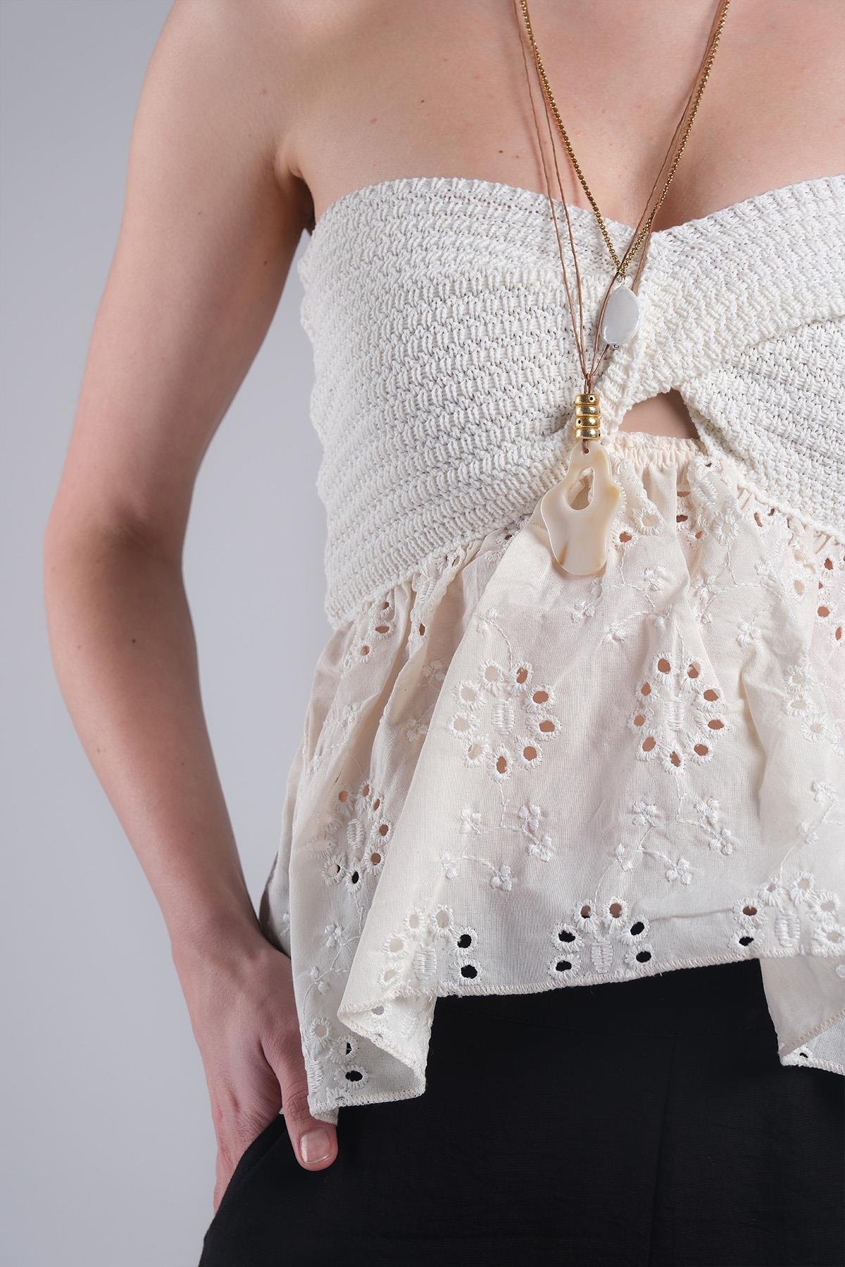 MIOROPA Ekru Renk Straplez Dantel Detaylı Kadın Bluz