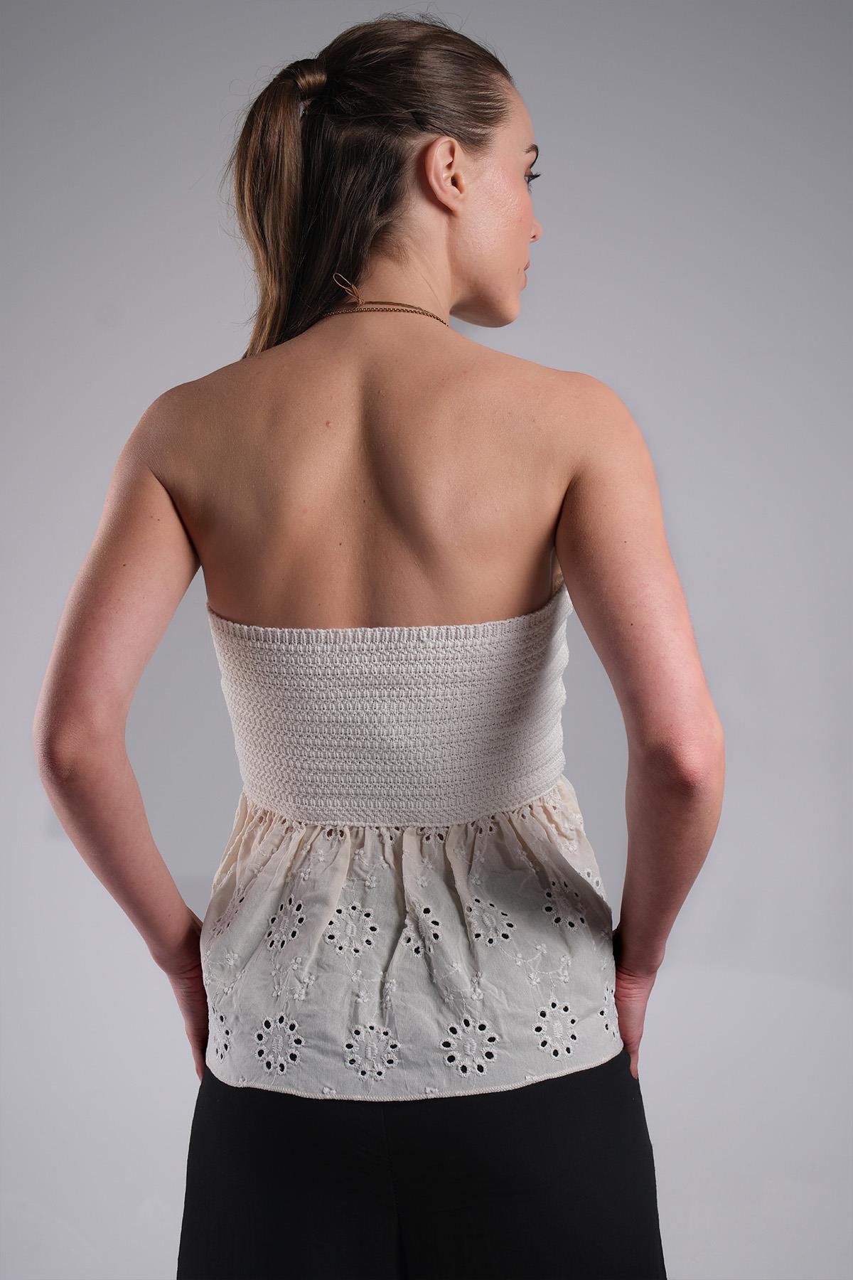 MIOROPA Ekru Renk Straplez Dantel Detaylı Kadın Bluz