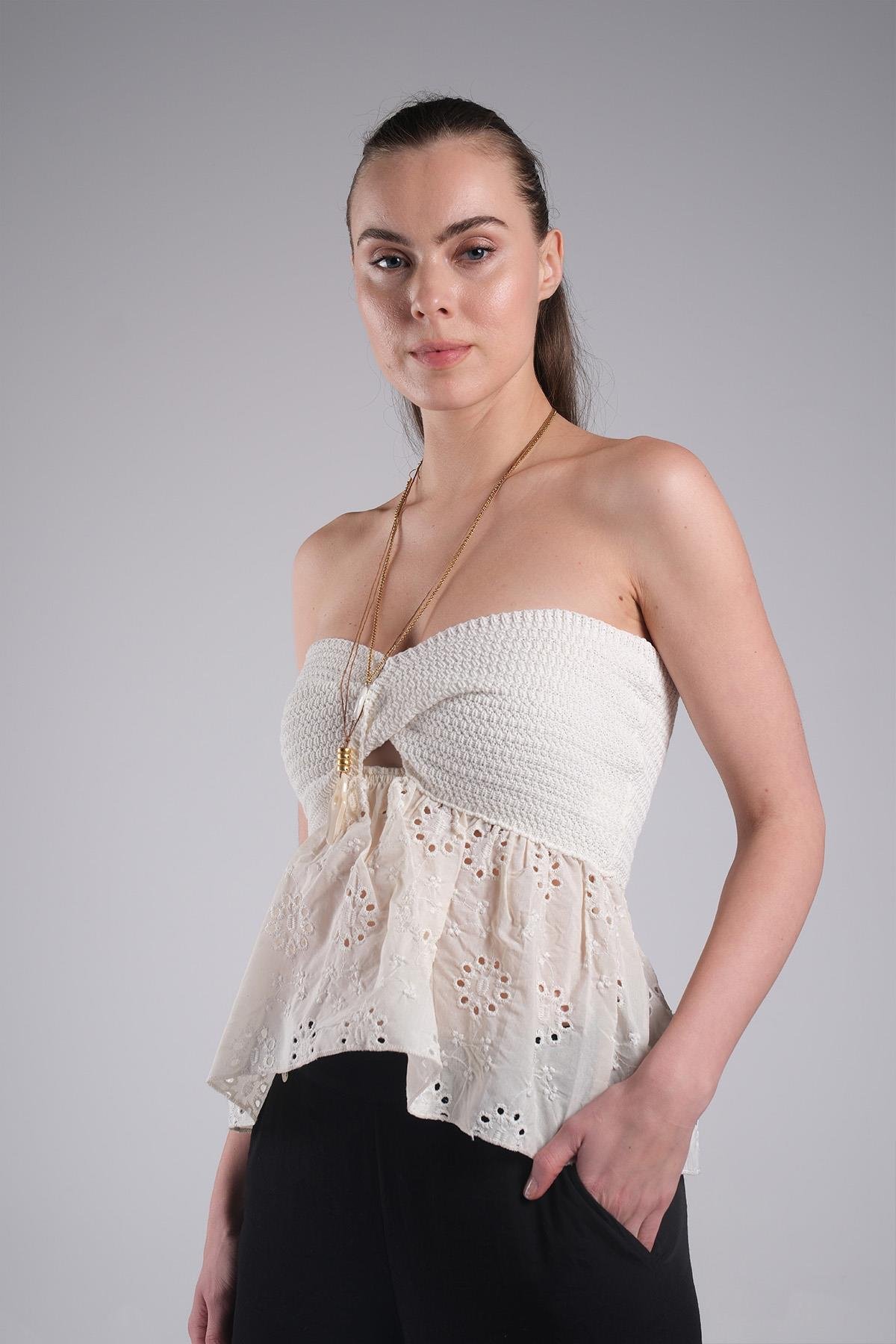 MIOROPA Ekru Renk Straplez Dantel Detaylı Kadın Bluz
