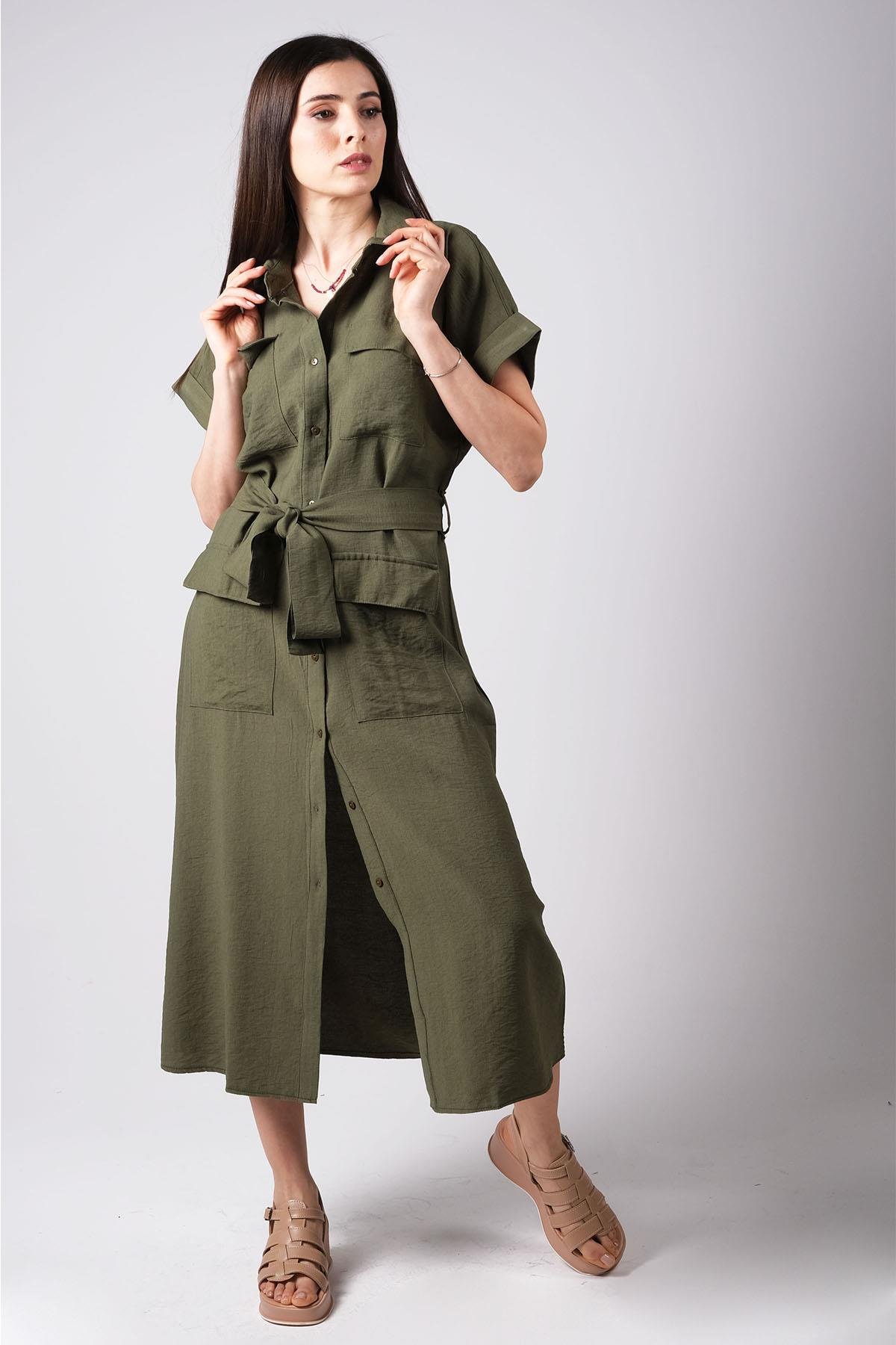 MIOROPA Haki Renk Cepli Gömlek Elbise-Elbise ve Kombin-Mioropa-G0066HKK