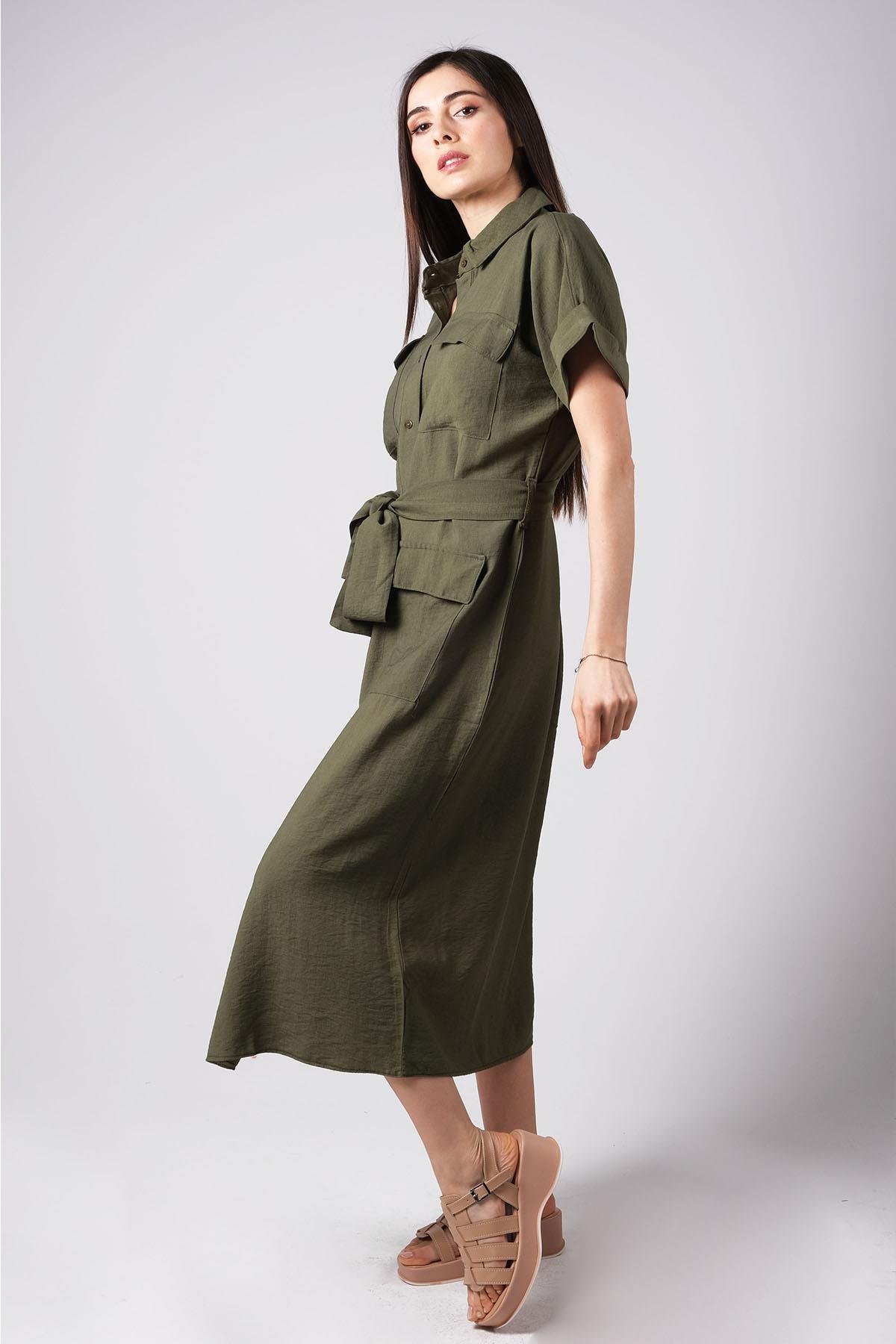 MIOROPA Haki Renk Cepli Gömlek Elbise-Elbise ve Kombin-Mioropa-G0066HKK