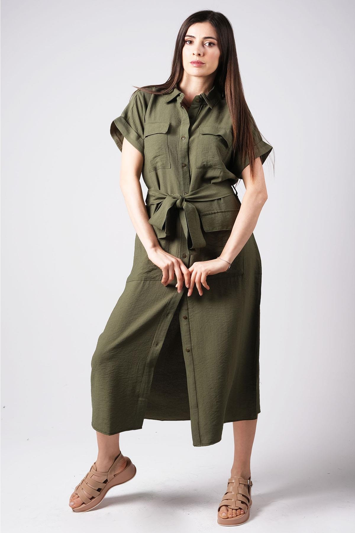 MIOROPA Haki Renk Cepli Gömlek Elbise-Elbise ve Kombin-Mioropa-G0066HKK