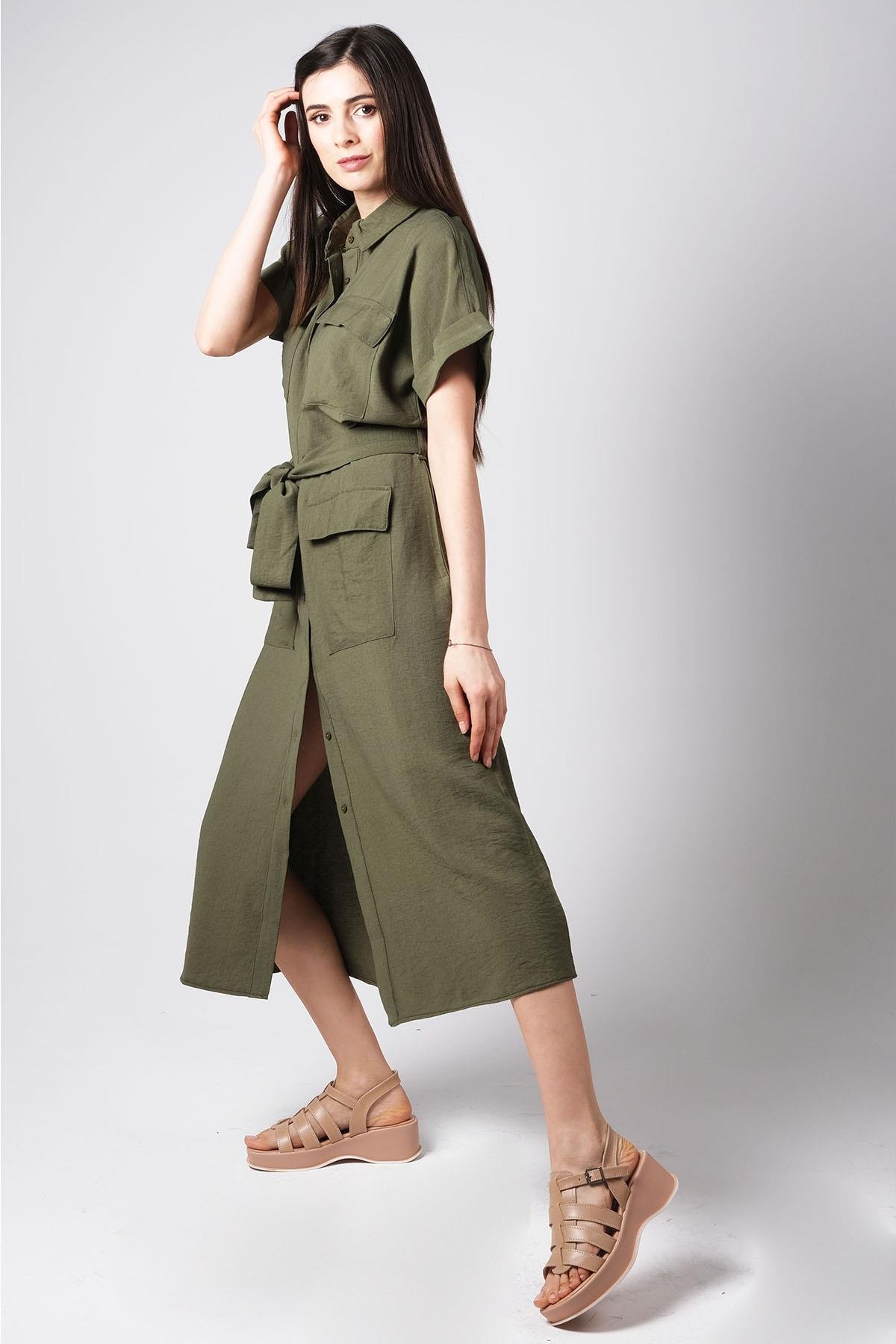 MIOROPA Haki Renk Cepli Gömlek Elbise-Elbise ve Kombin-Mioropa-G0066HKK