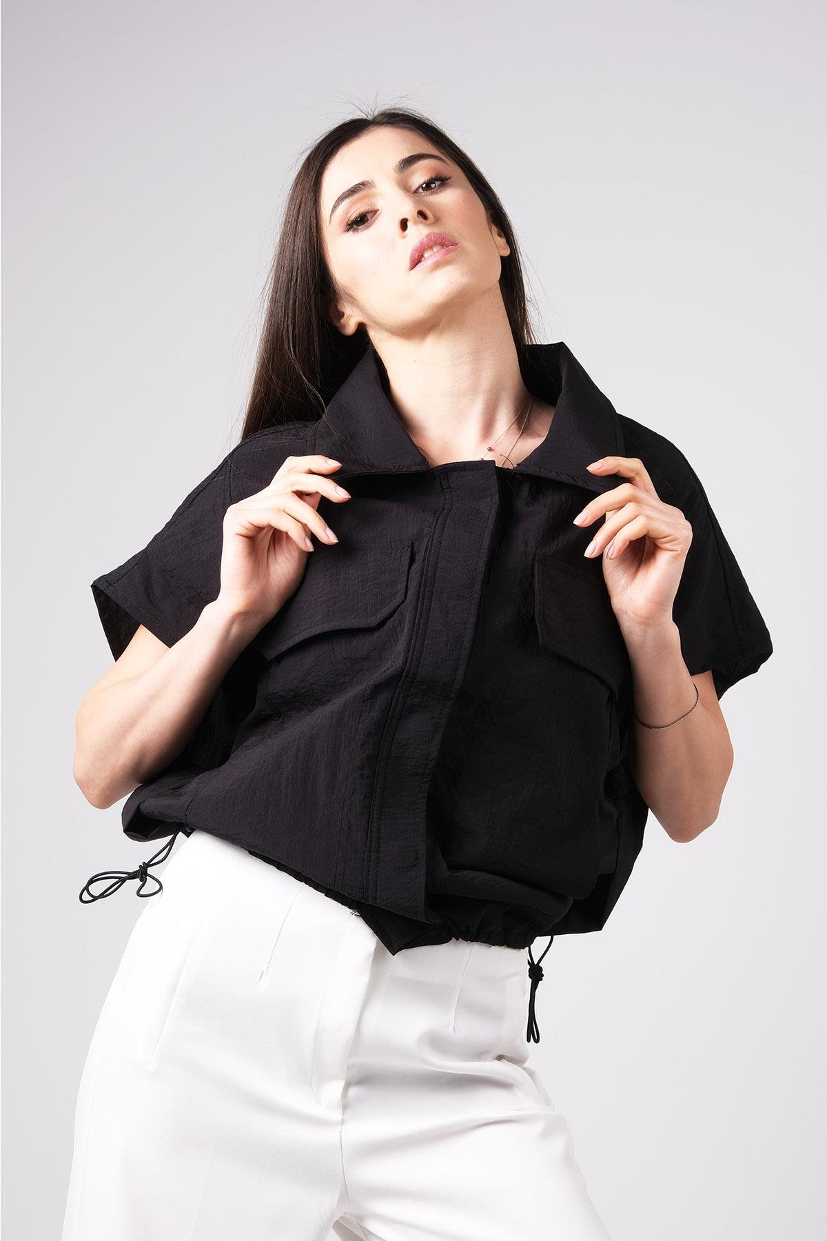 MIOROPA Siyah Renk Cep Detaylı Kumaş Paraşüt Yelek-Gömlek -Mioropa-G0056BLK