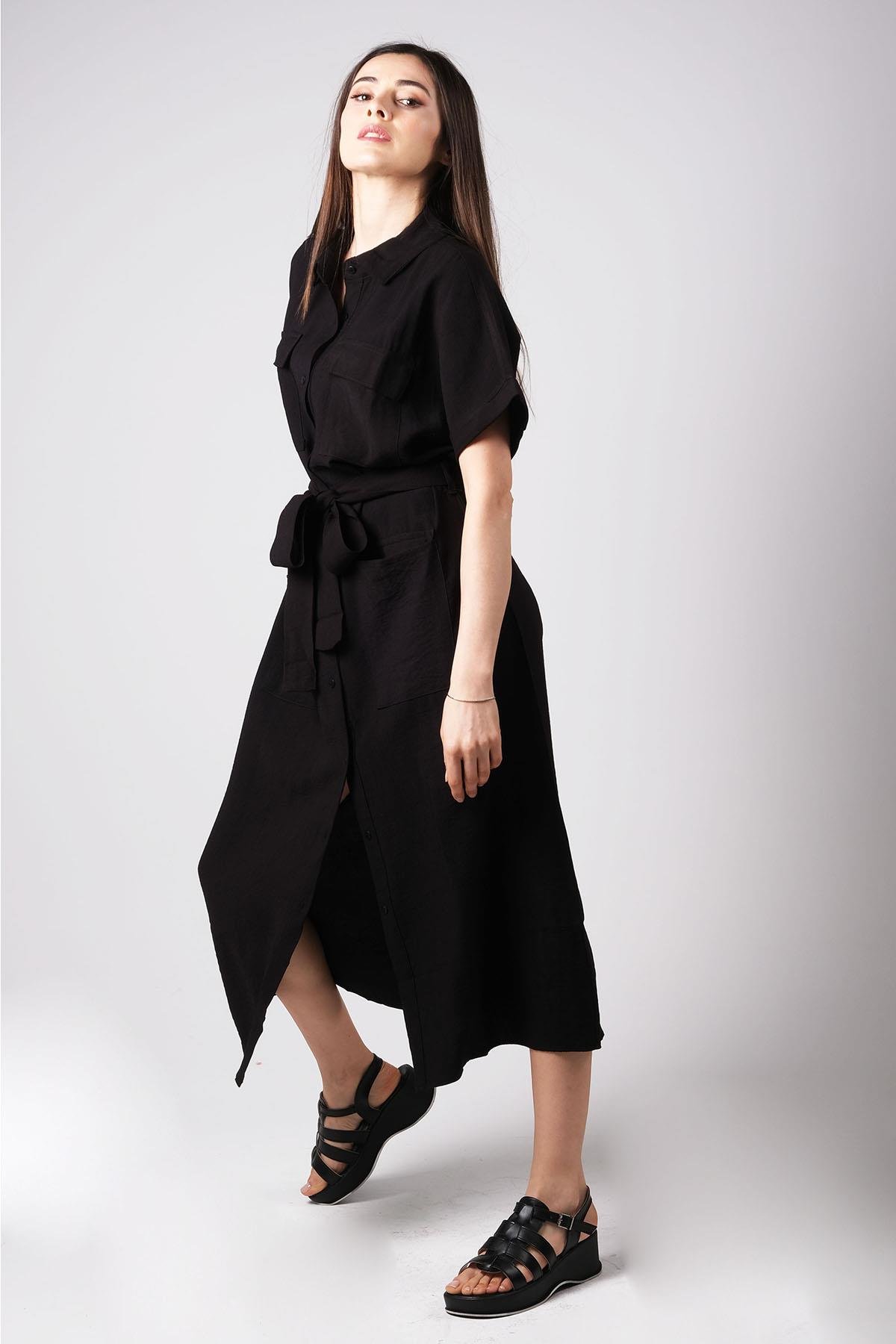 MIOROPA Siyah Renk Cepli Gömlek Elbise-Elbise ve Kombin-Mioropa-G0066BLK