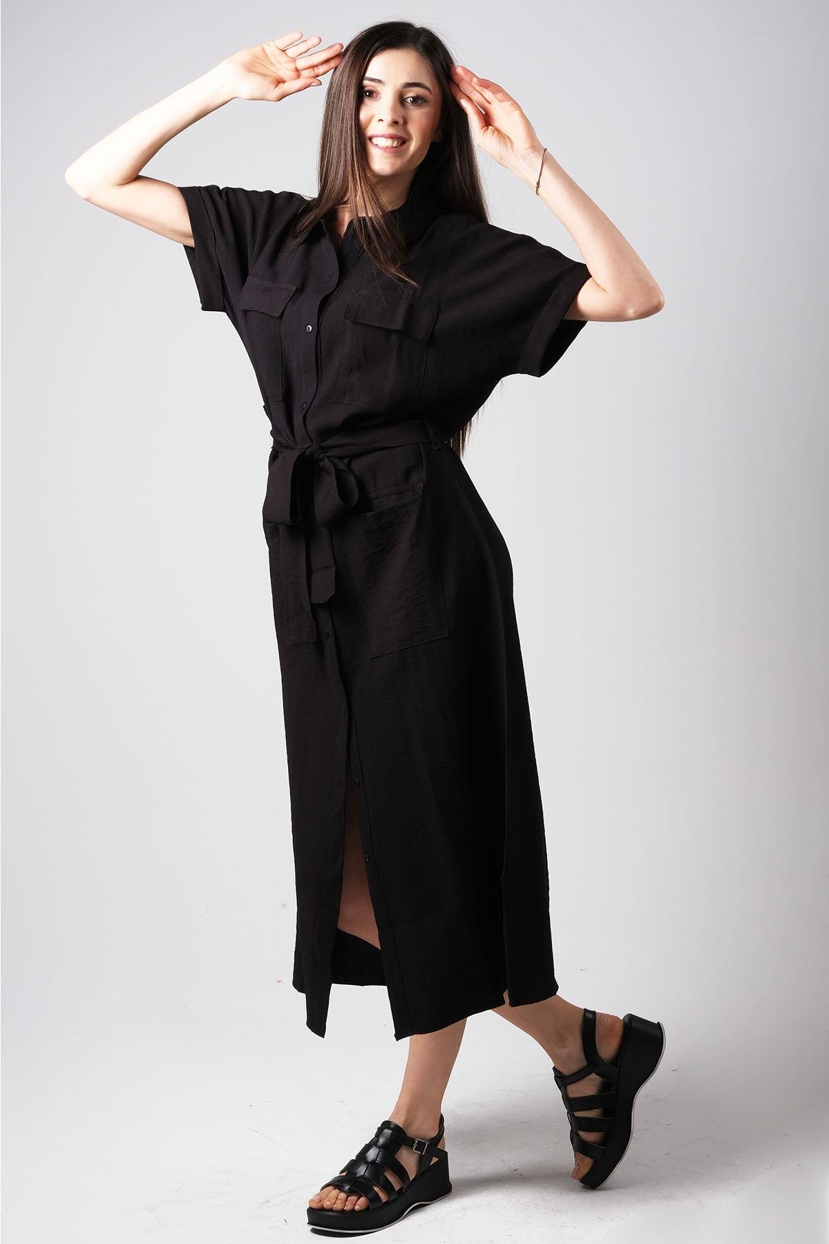 MIOROPA Siyah Renk Cepli Gömlek Elbise-Elbise ve Kombin-Mioropa-G0066BLK
