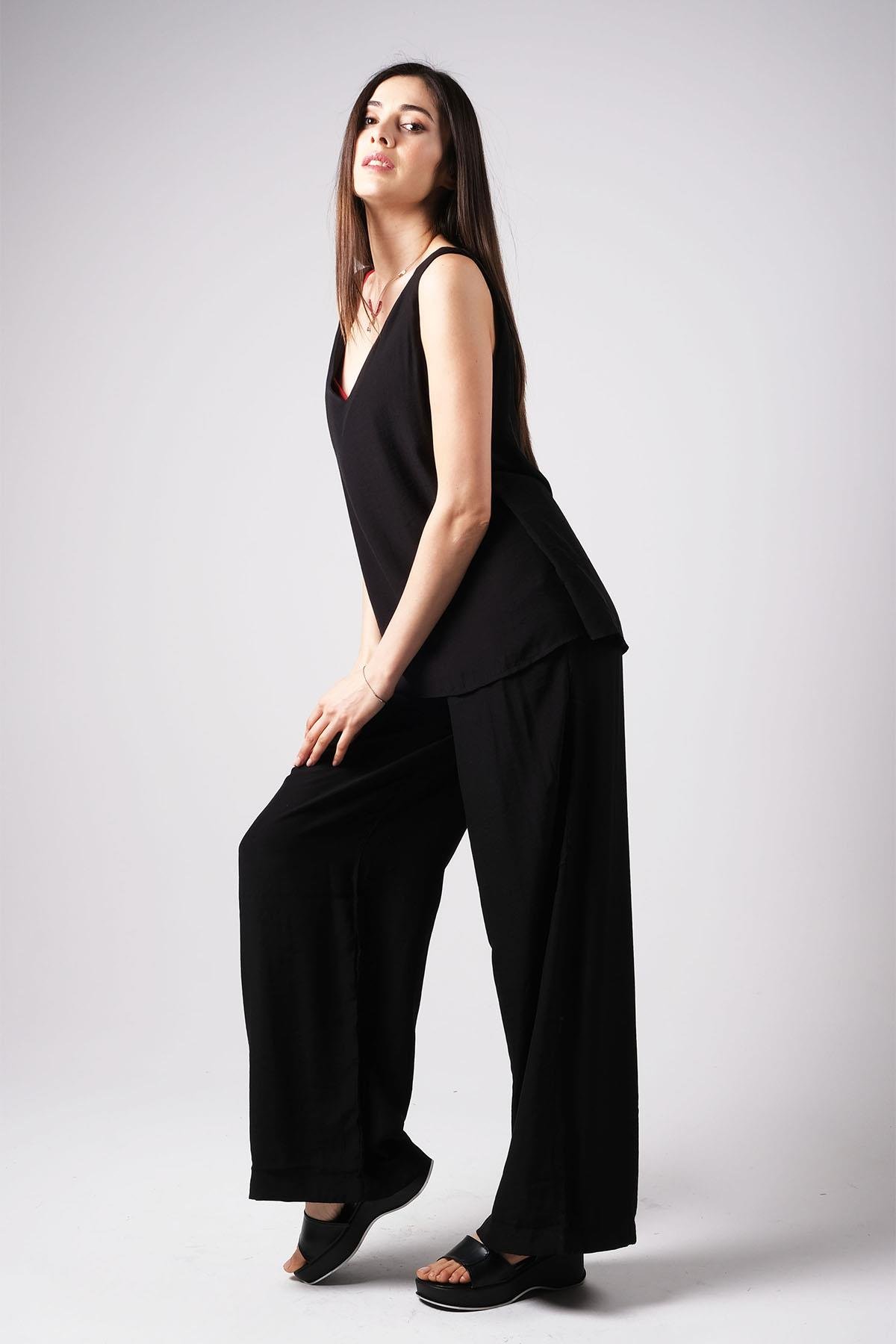 MIOROPA Siyah Renk V Yaka Salaş 2'li Takım -Elbise ve Kombin-Mioropa-G0067BLK