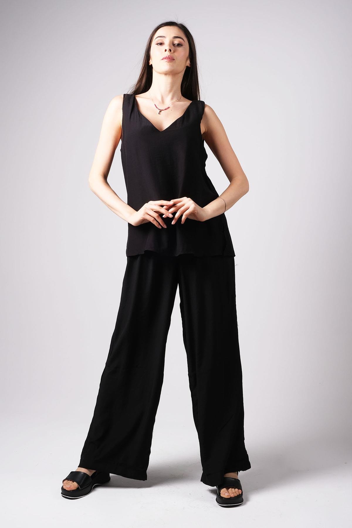 MIOROPA Siyah Renk V Yaka Salaş 2'li Takım -Elbise ve Kombin-Mioropa-G0067BLK