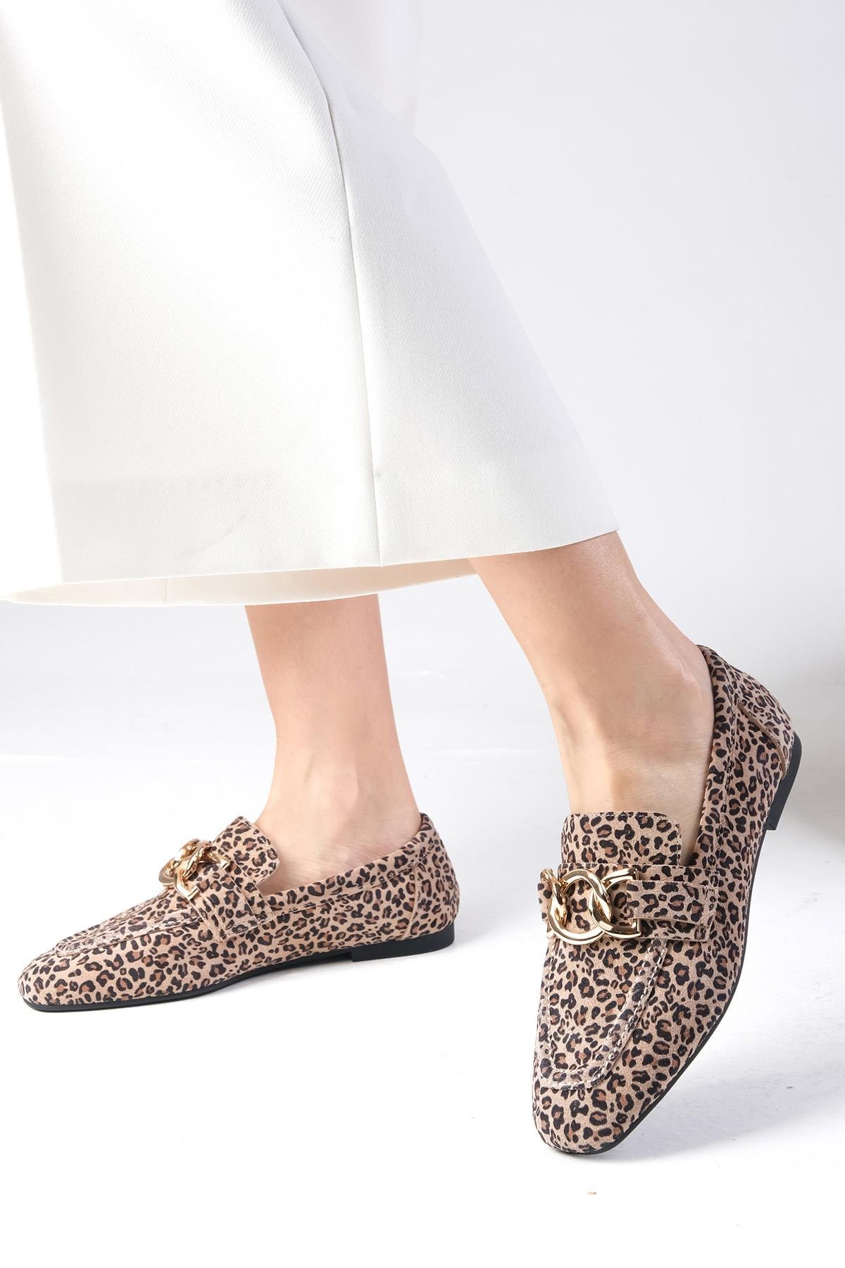 Myrcella Hakiki Deri Bej Renk Leopar Desenli Loafer-DÜZ AYAKKABI-Mio Gusto-01544LES