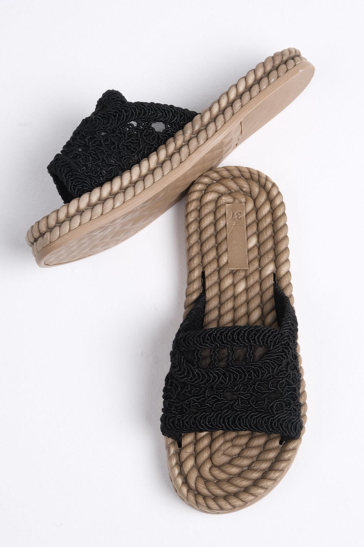 Paloma Siyah Renk Halat Tabanlı Örgü Terlik-Slippers-Mio Gusto-05630BLK