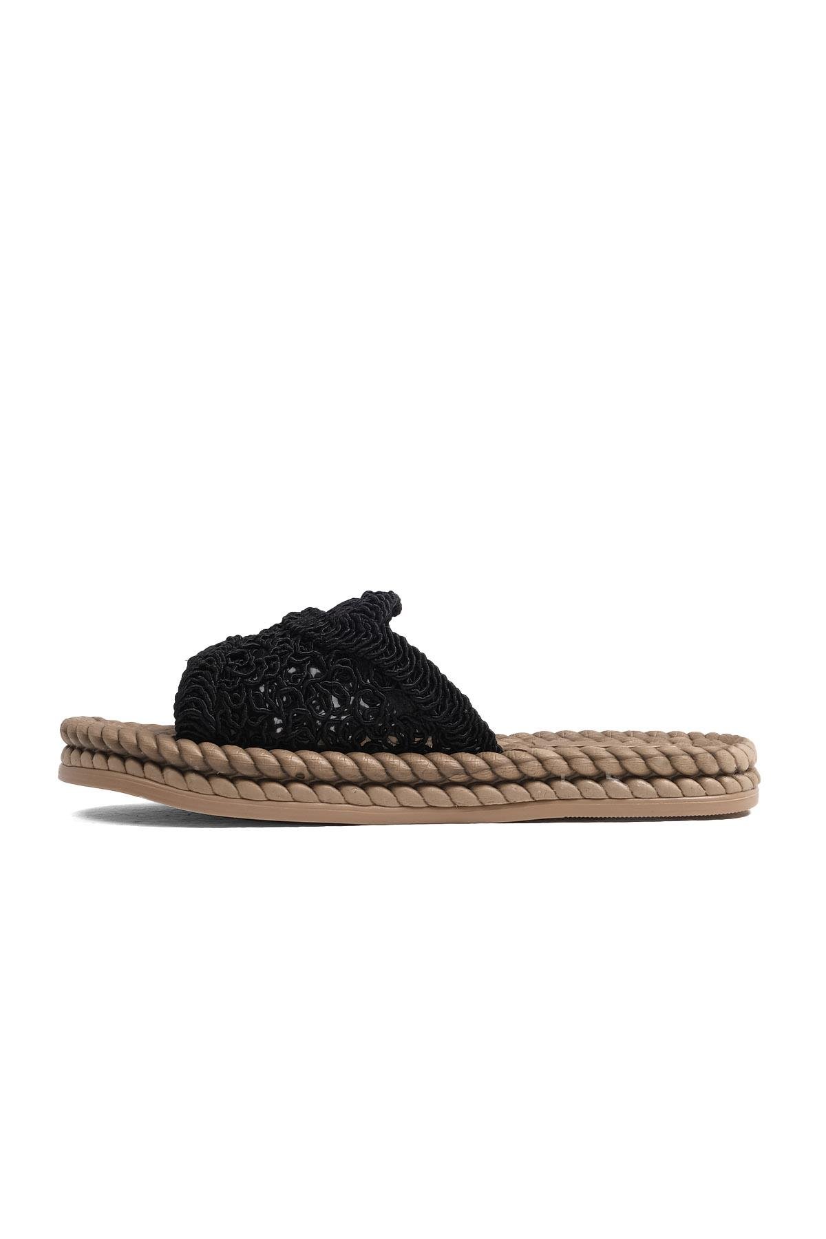 Paloma Siyah Renk Halat Tabanlı Örgü Terlik-Slippers-Mio Gusto-05630BLK