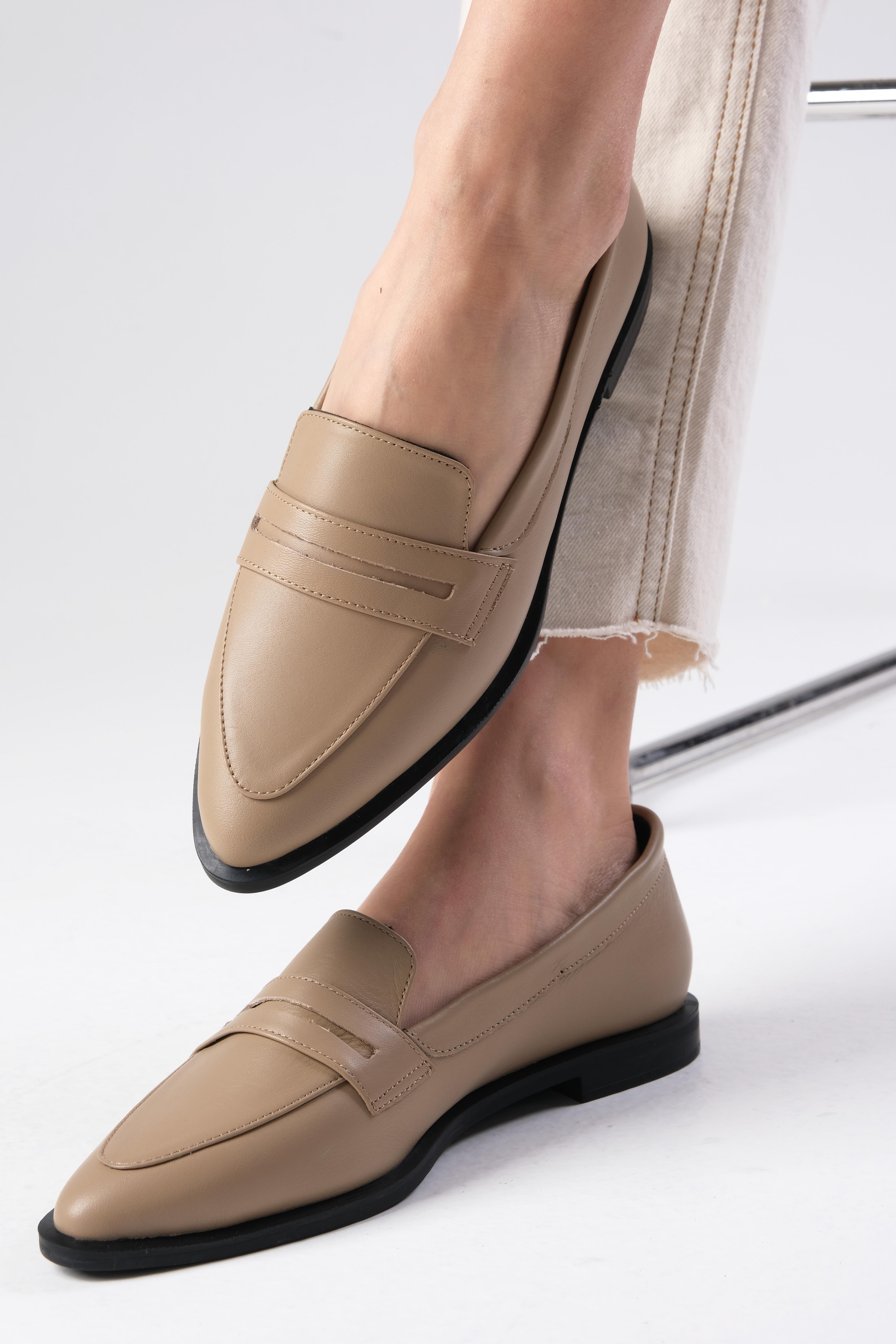 River Hakiki Deri Vizon Renk Loafer-DÜZ AYAKKABI-Mio Gusto-08070MIC