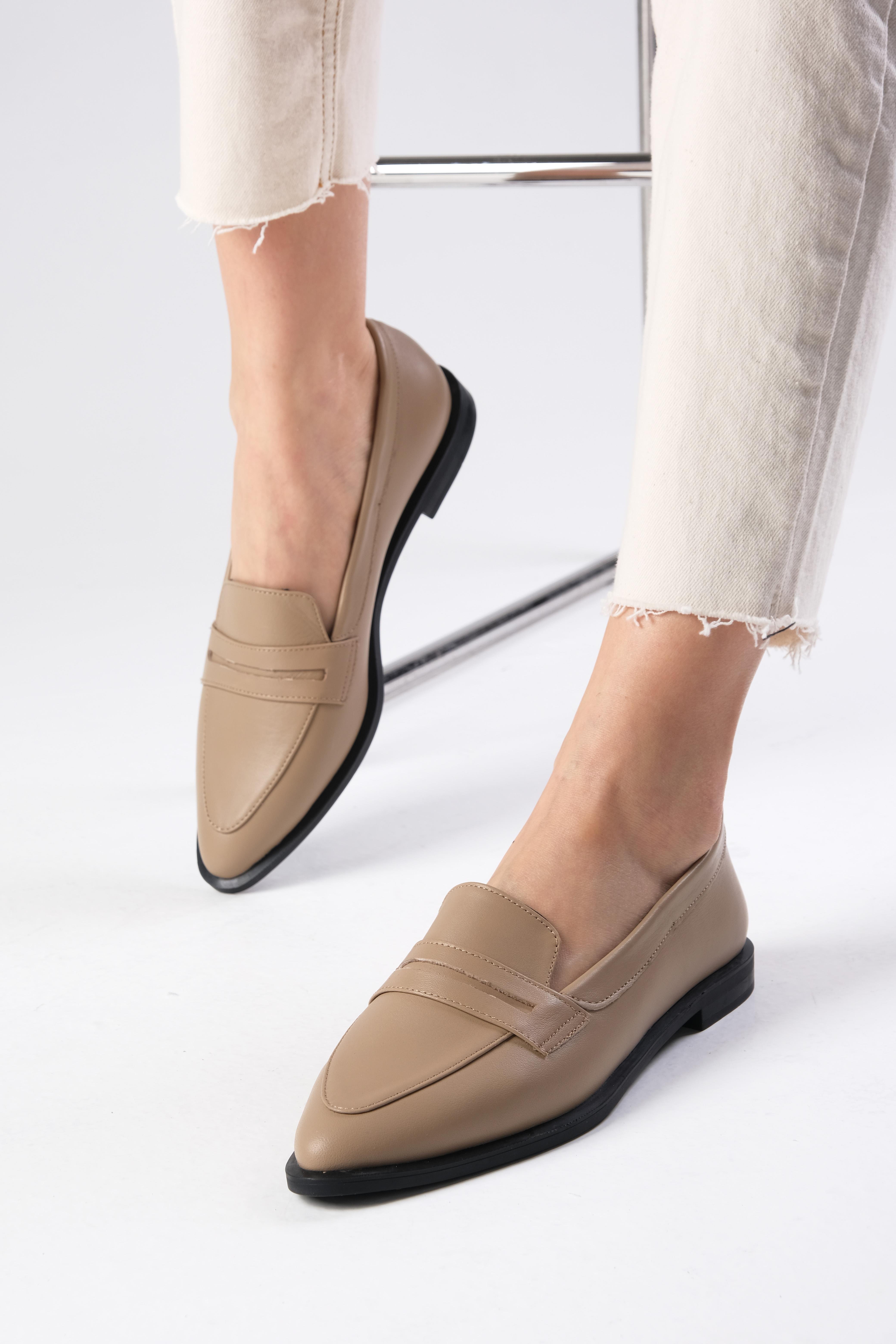 River Hakiki Deri Vizon Renk Loafer-DÜZ AYAKKABI-Mio Gusto-08070MIC