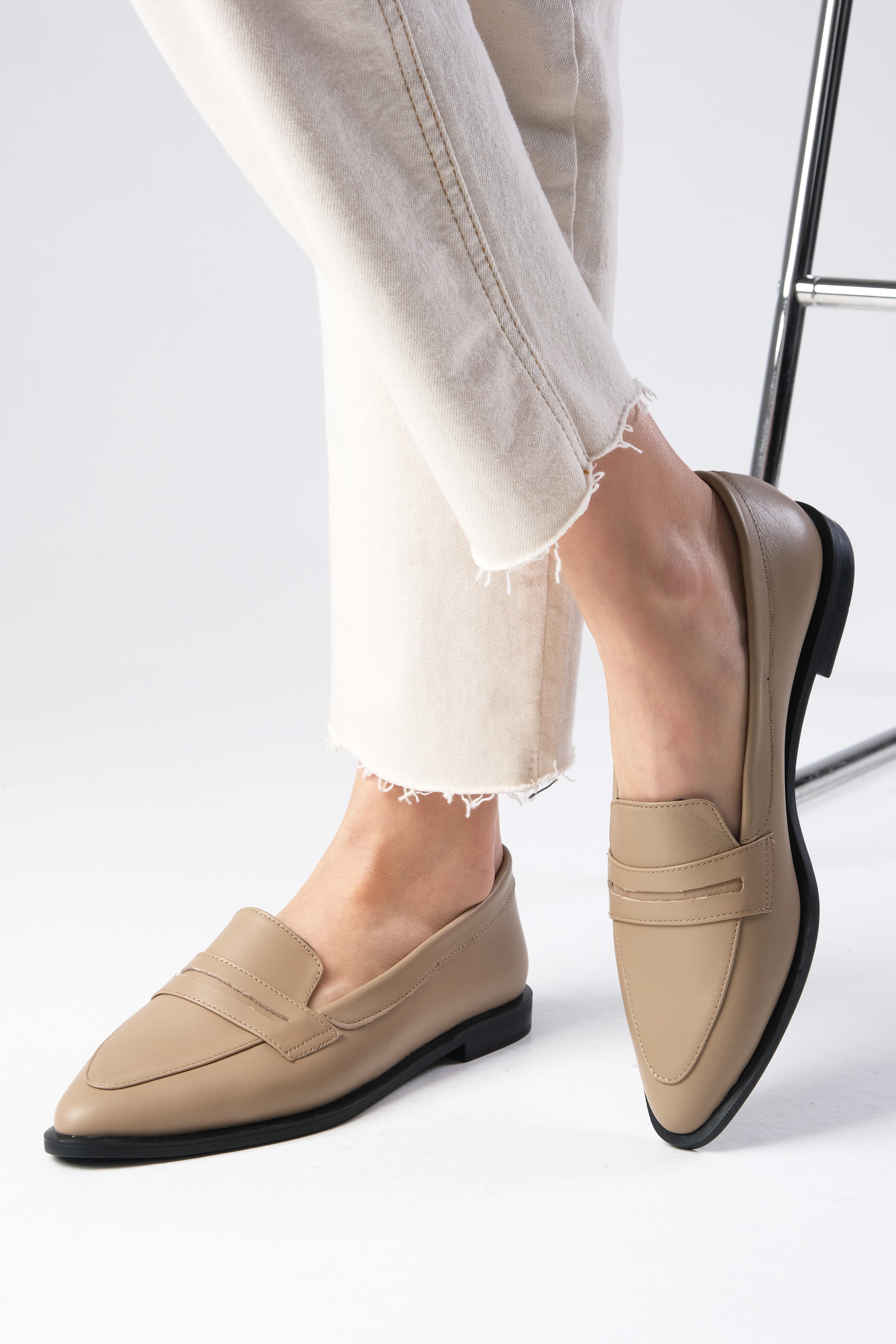 River Hakiki Deri Vizon Renk Loafer-DÜZ AYAKKABI-Mio Gusto-08070MIC