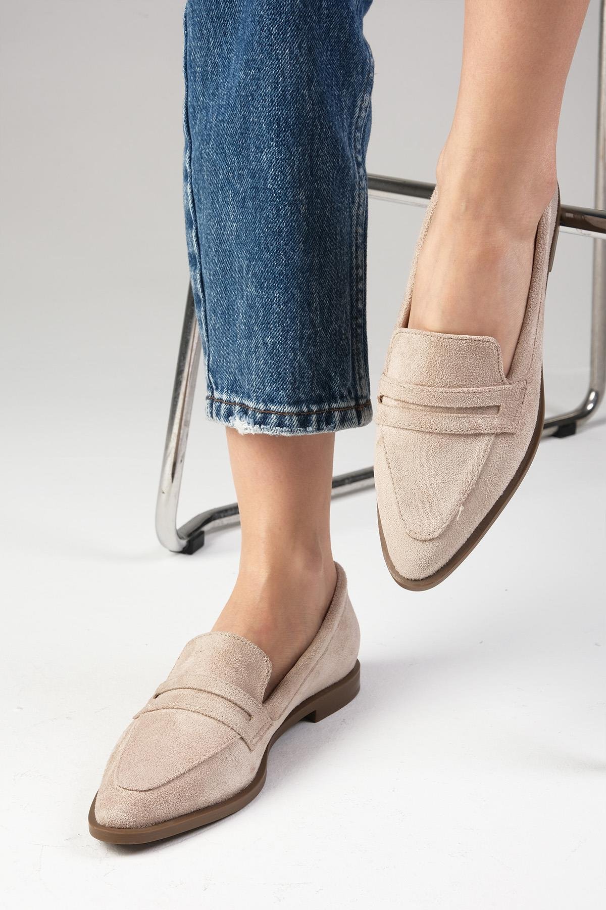 River Hakiki Süet Bej Loafer-DÜZ AYAKKABI-Mio Gusto-08070BES