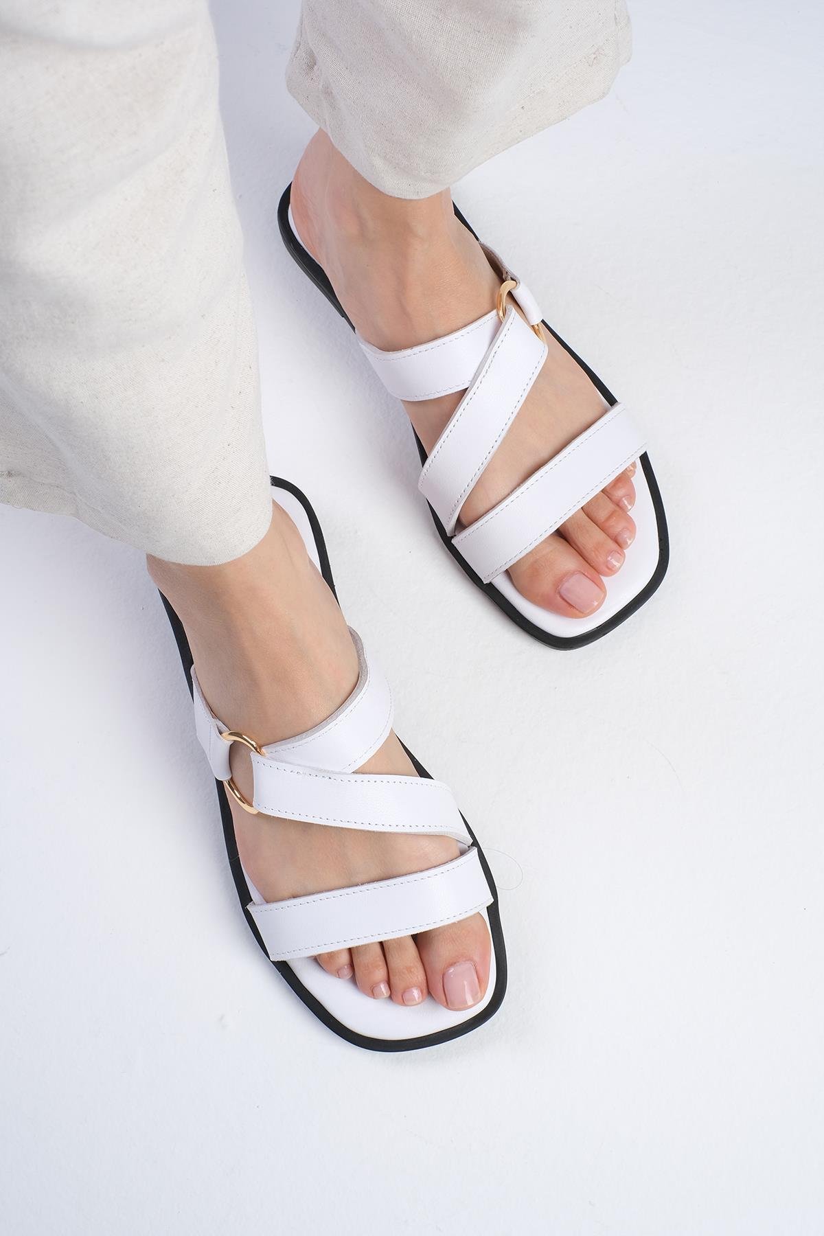 Savanna Hakiki Deri Beyaz Renk Terlik-Slippers-Mio Gusto-02311WHC