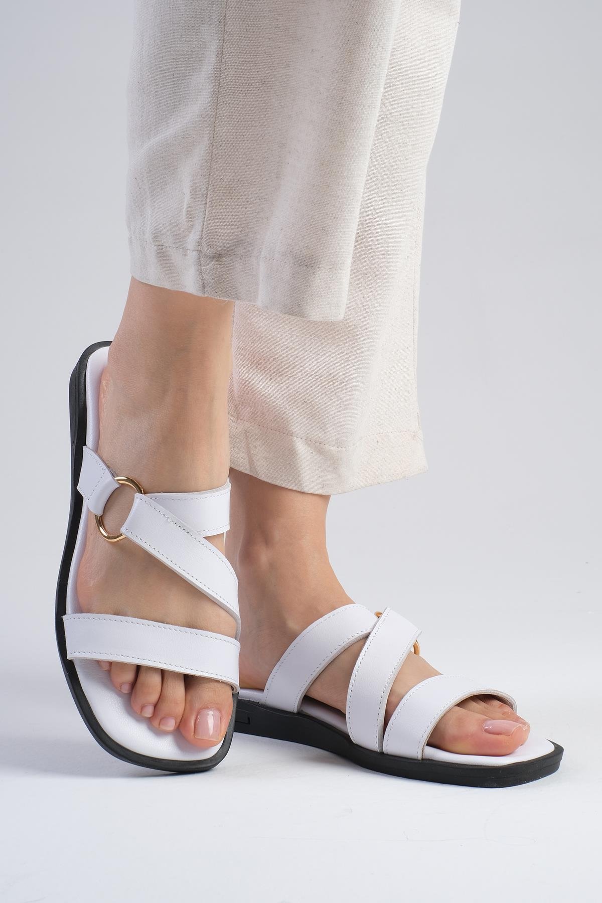 Savanna Hakiki Deri Beyaz Renk Terlik-Slippers-Mio Gusto-02311WHC