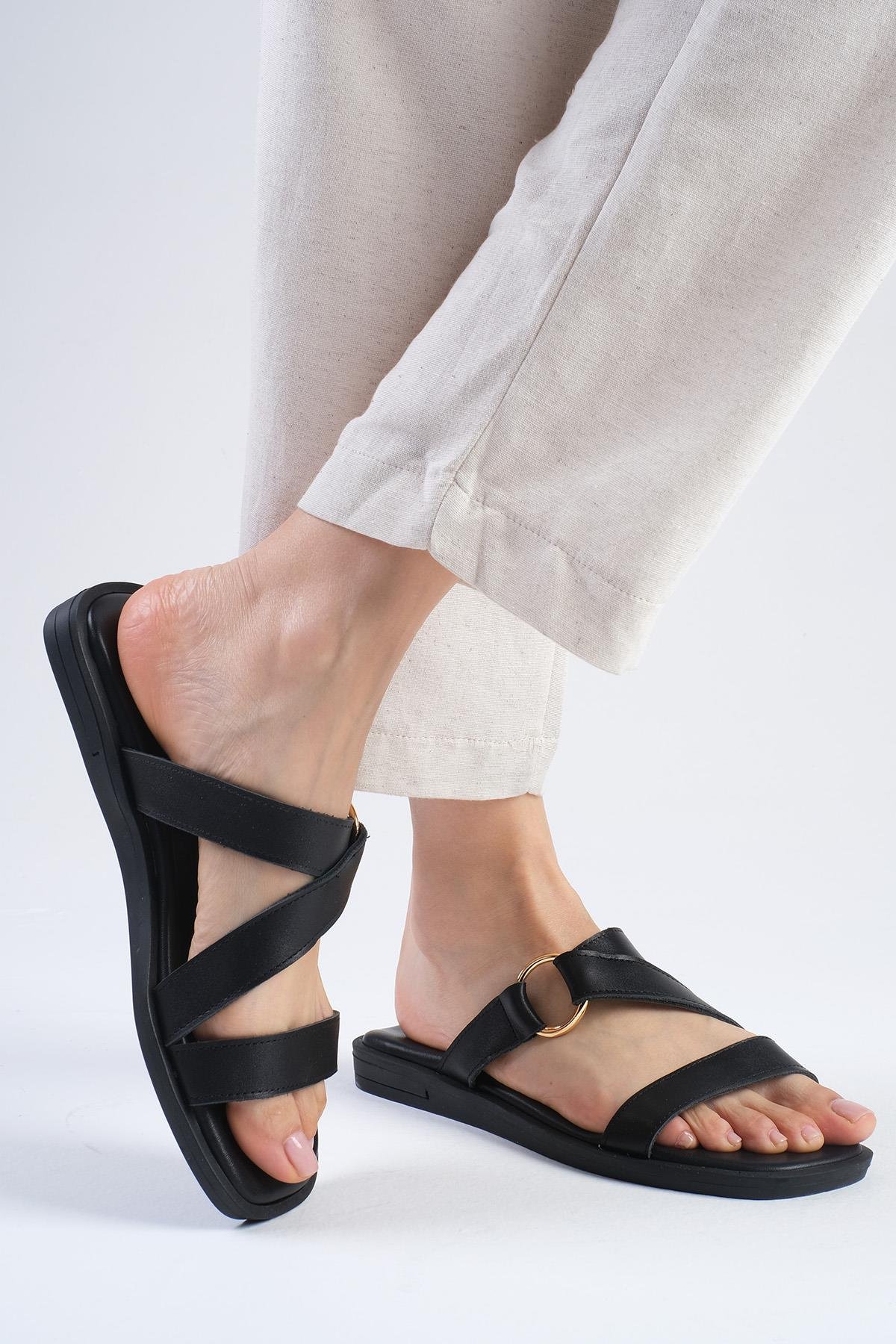 Savanna Hakiki Deri Siyah Renk Terlik-Slippers-Mio Gusto-02311BLC