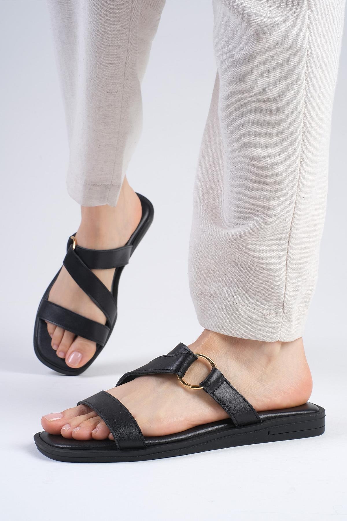 Savanna Hakiki Deri Siyah Renk Terlik-Slippers-Mio Gusto-02311BLC