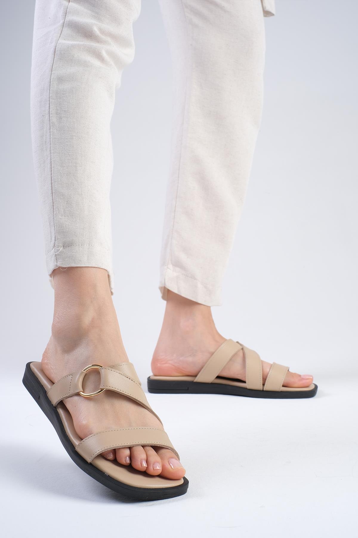 Savanna Hakiki Deri Ten Rengi Terlik-Slippers-Mio Gusto-02311NUC