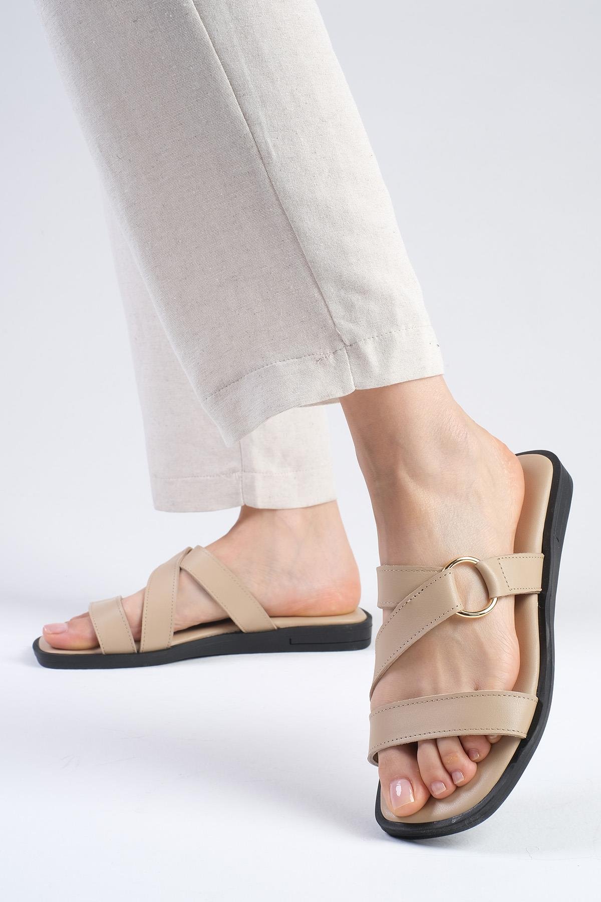 Savanna Hakiki Deri Ten Rengi Terlik-Slippers-Mio Gusto-02311NUC