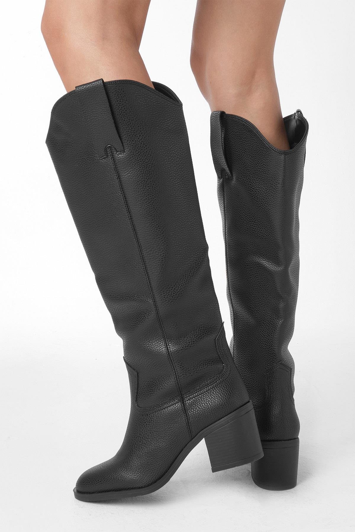 Kahverengi Hakiki Deri Görünümlü Blok Topuklu Uzun Çizme