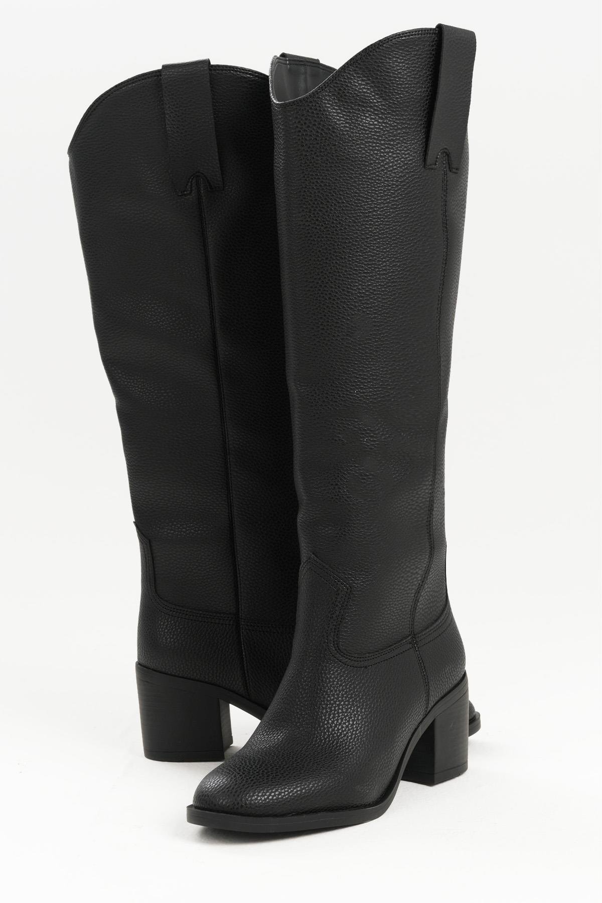 Kahverengi Hakiki Deri Görünümlü Blok Topuklu Uzun Çizme