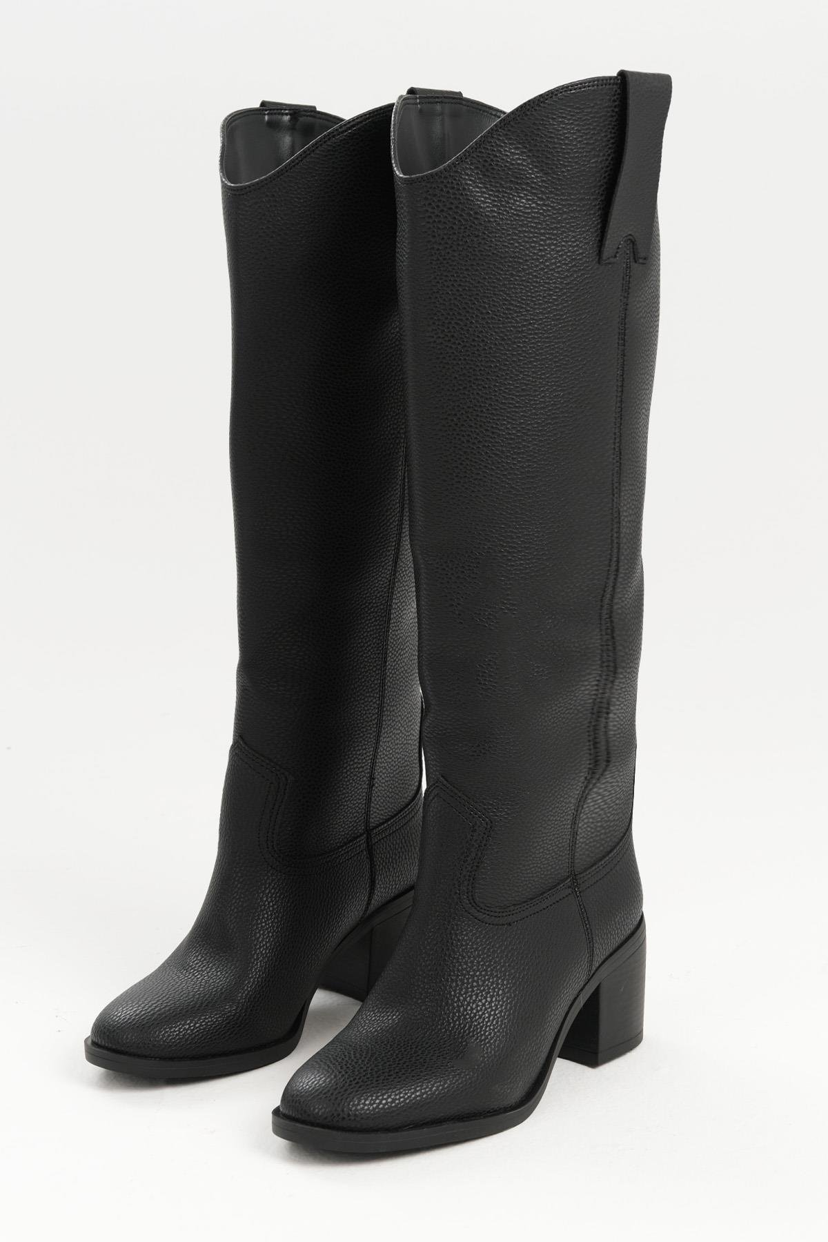 Kahverengi Hakiki Deri Görünümlü Blok Topuklu Uzun Çizme