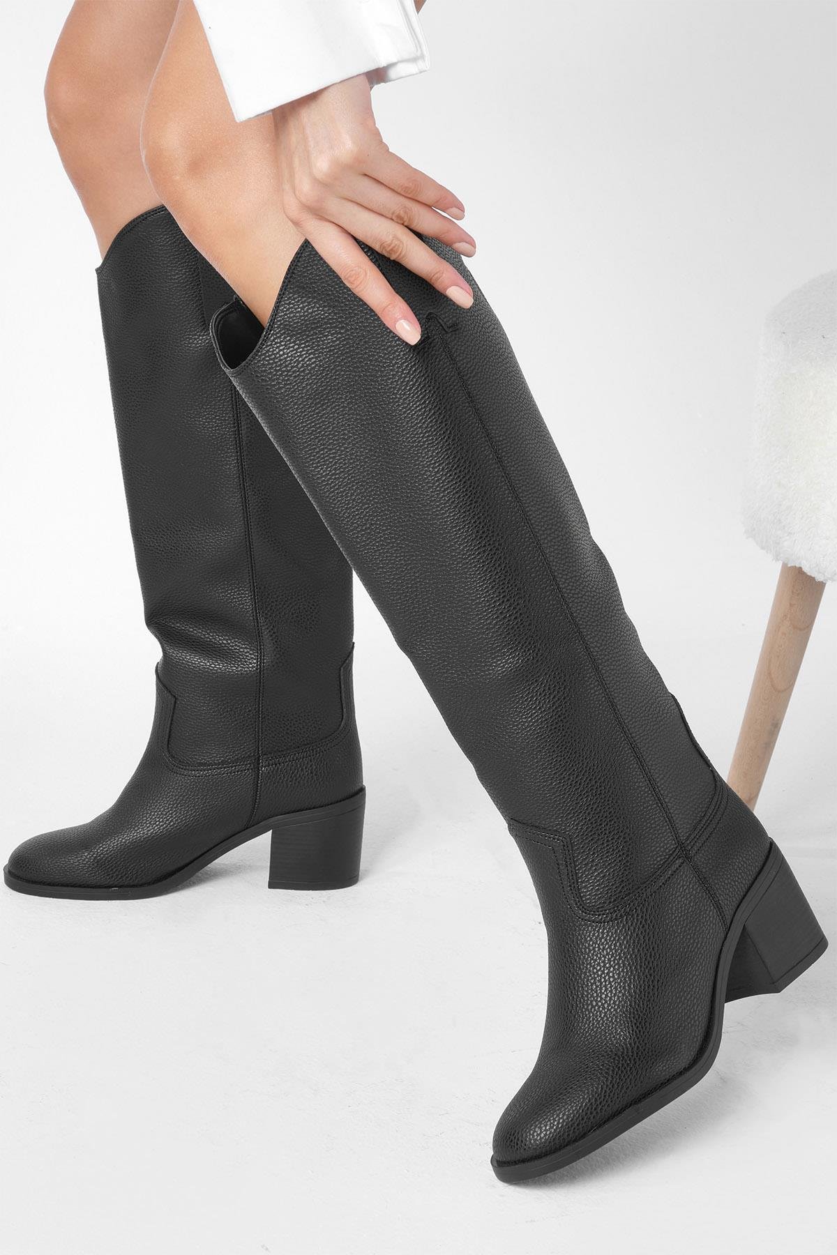 Kahverengi Hakiki Deri Görünümlü Blok Topuklu Uzun Çizme