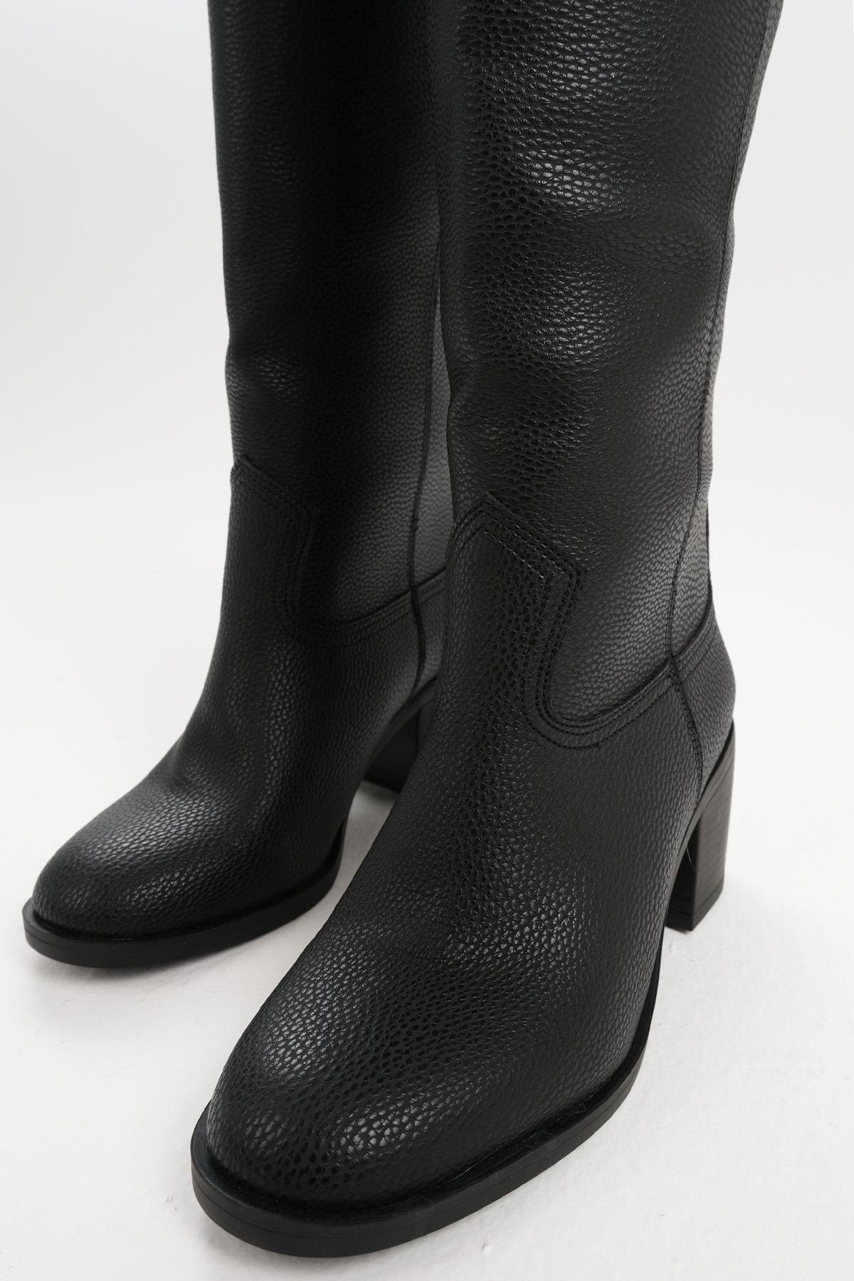 Kahverengi Hakiki Deri Görünümlü Blok Topuklu Uzun Çizme