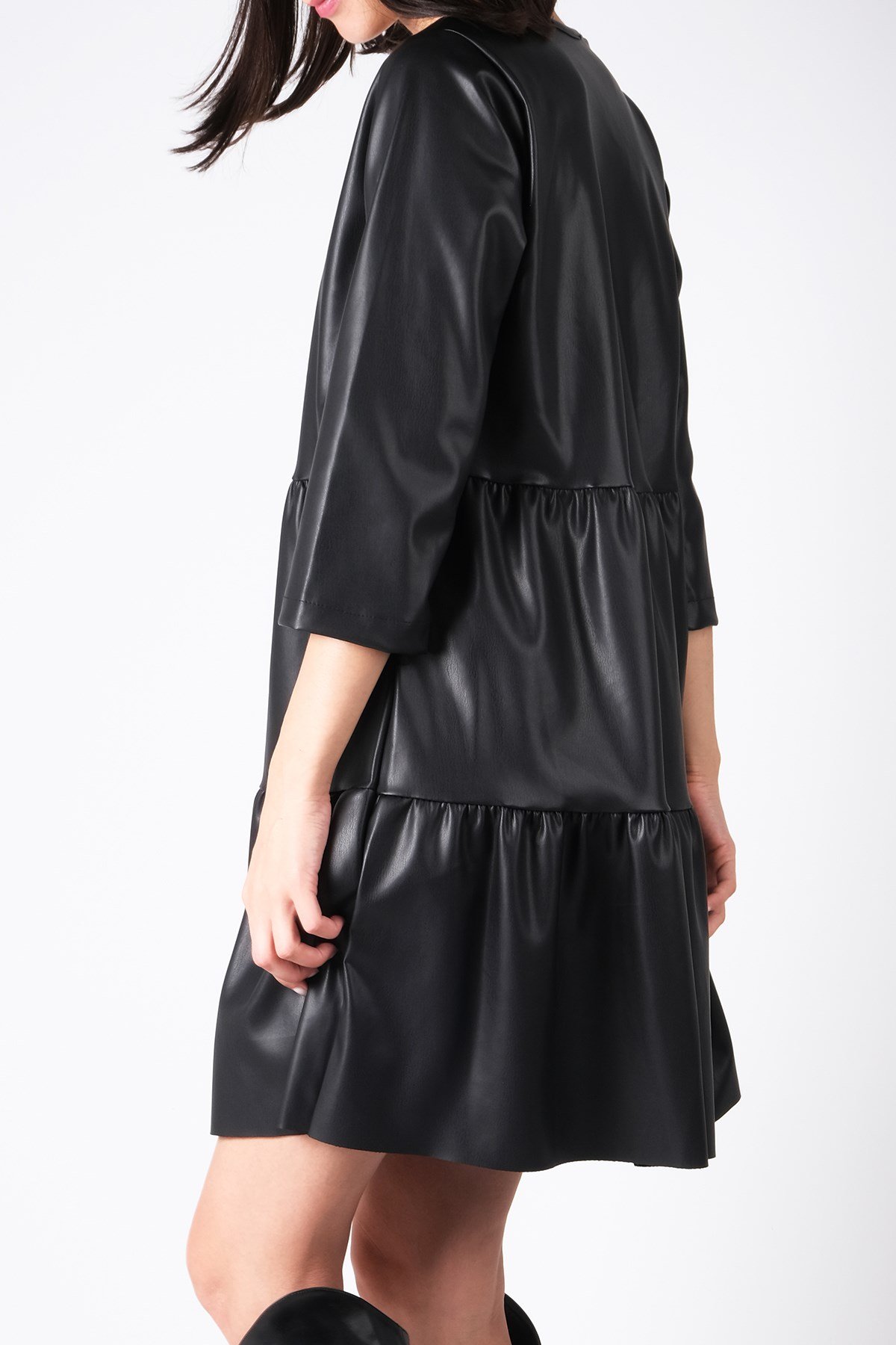 Siyah Renk Kadın Deri Elbise-Elbise ve Kombin-Mio Gusto-G0030BLK