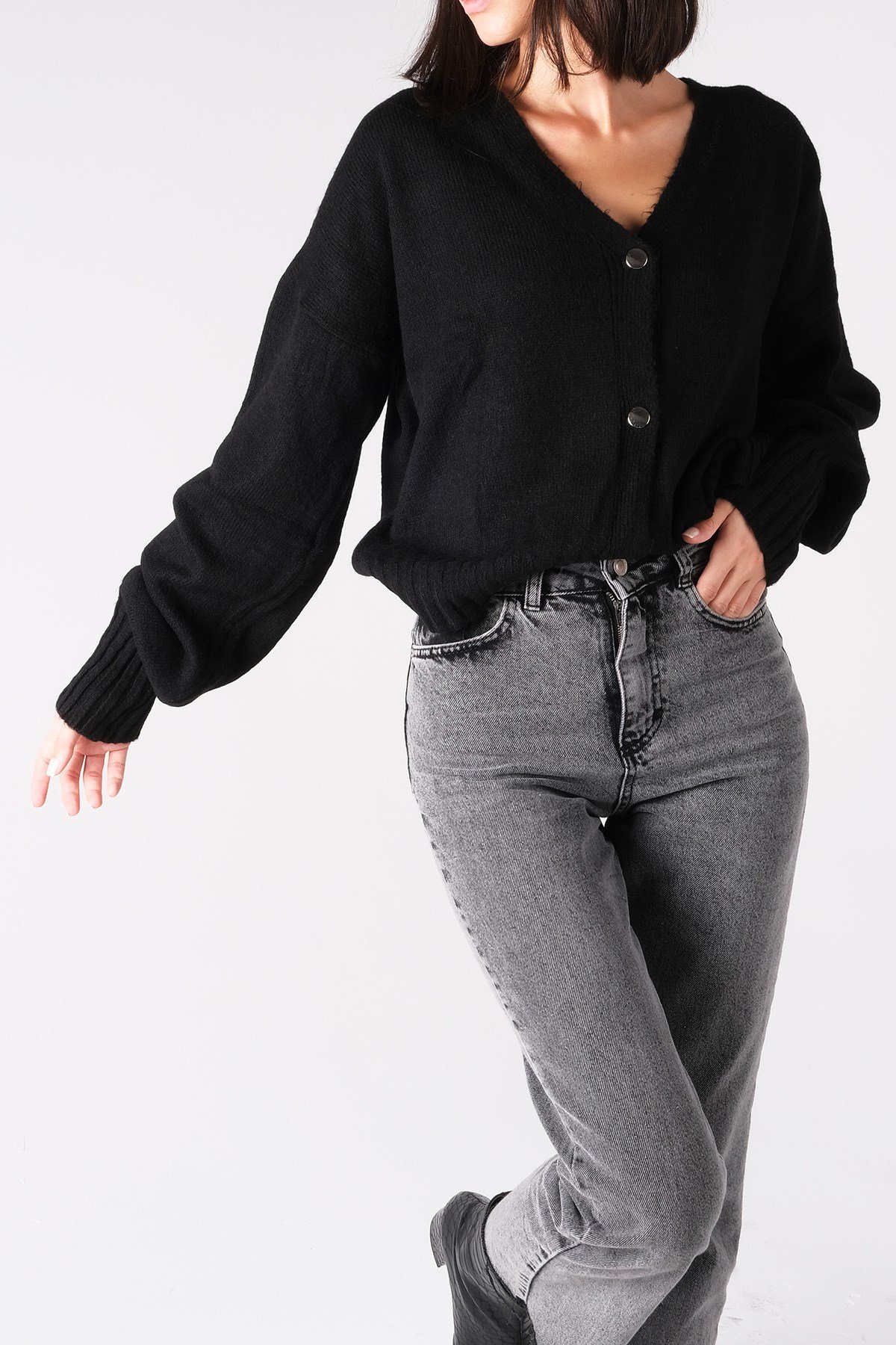 Siyah Triko Balon Kol Hırka-Kazak-Mio Gusto-G0032BLK