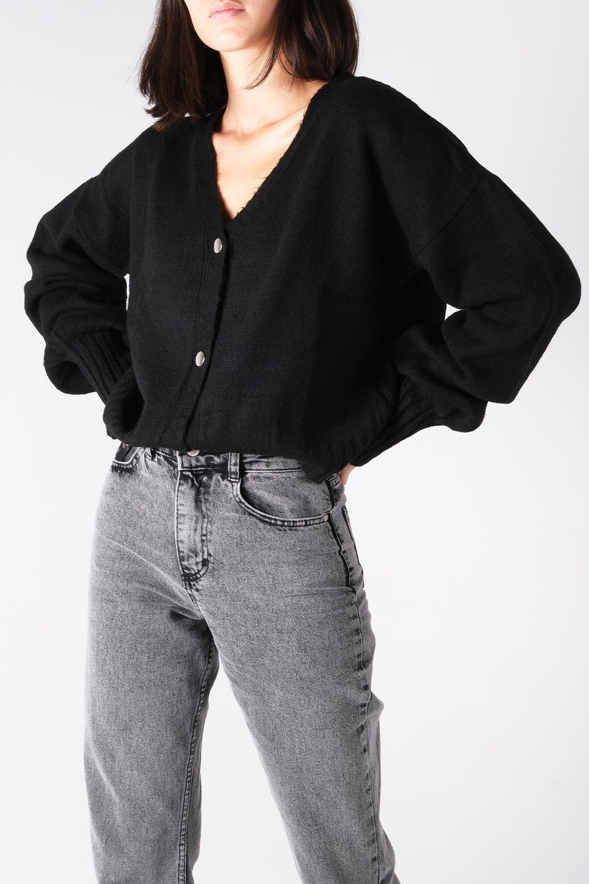 Siyah Triko Balon Kol Hırka-Kazak-Mio Gusto-G0032BLK